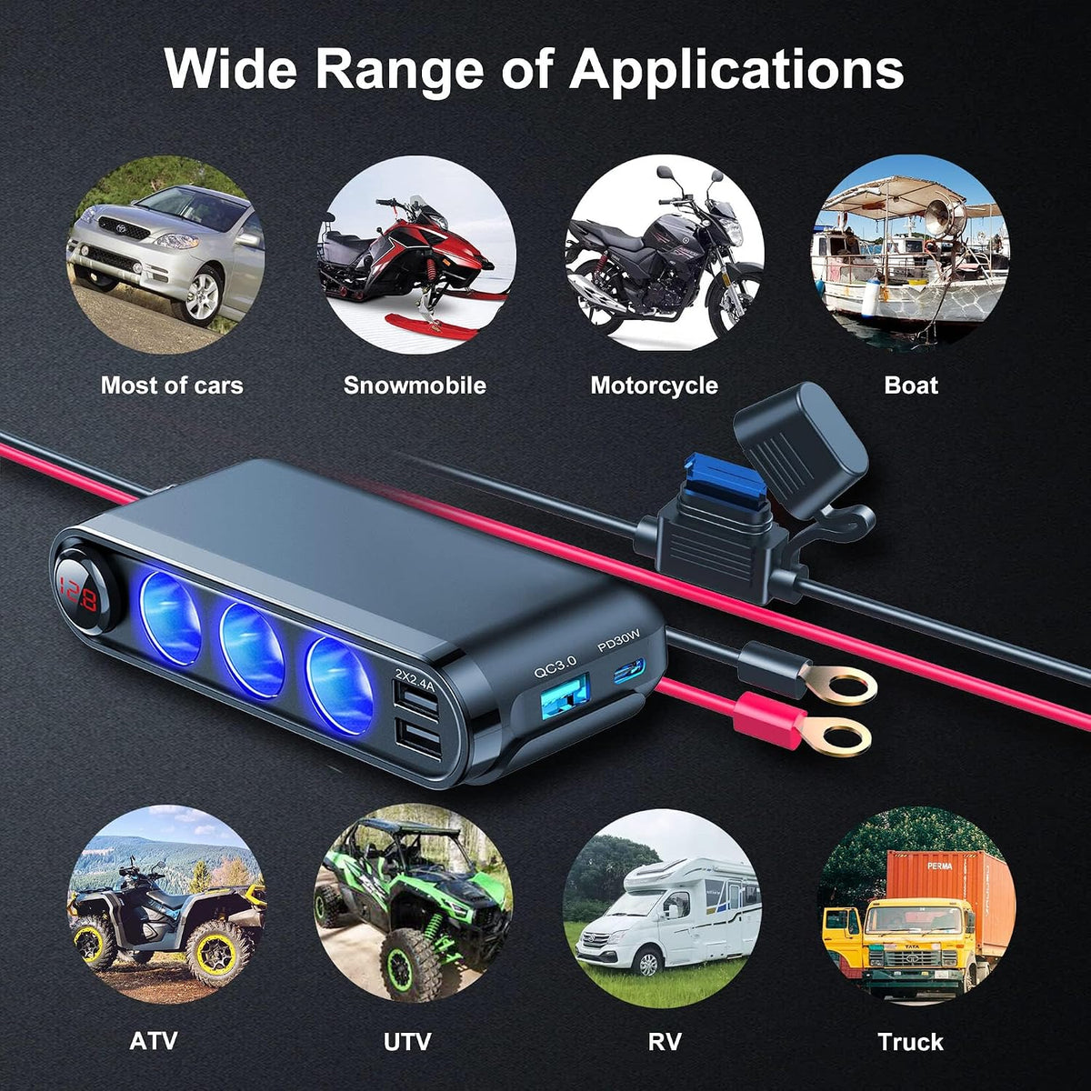 EUGIZMO Cigarette Lighter Splitter, 200W 3 Socket Car Plug Power Outlet
