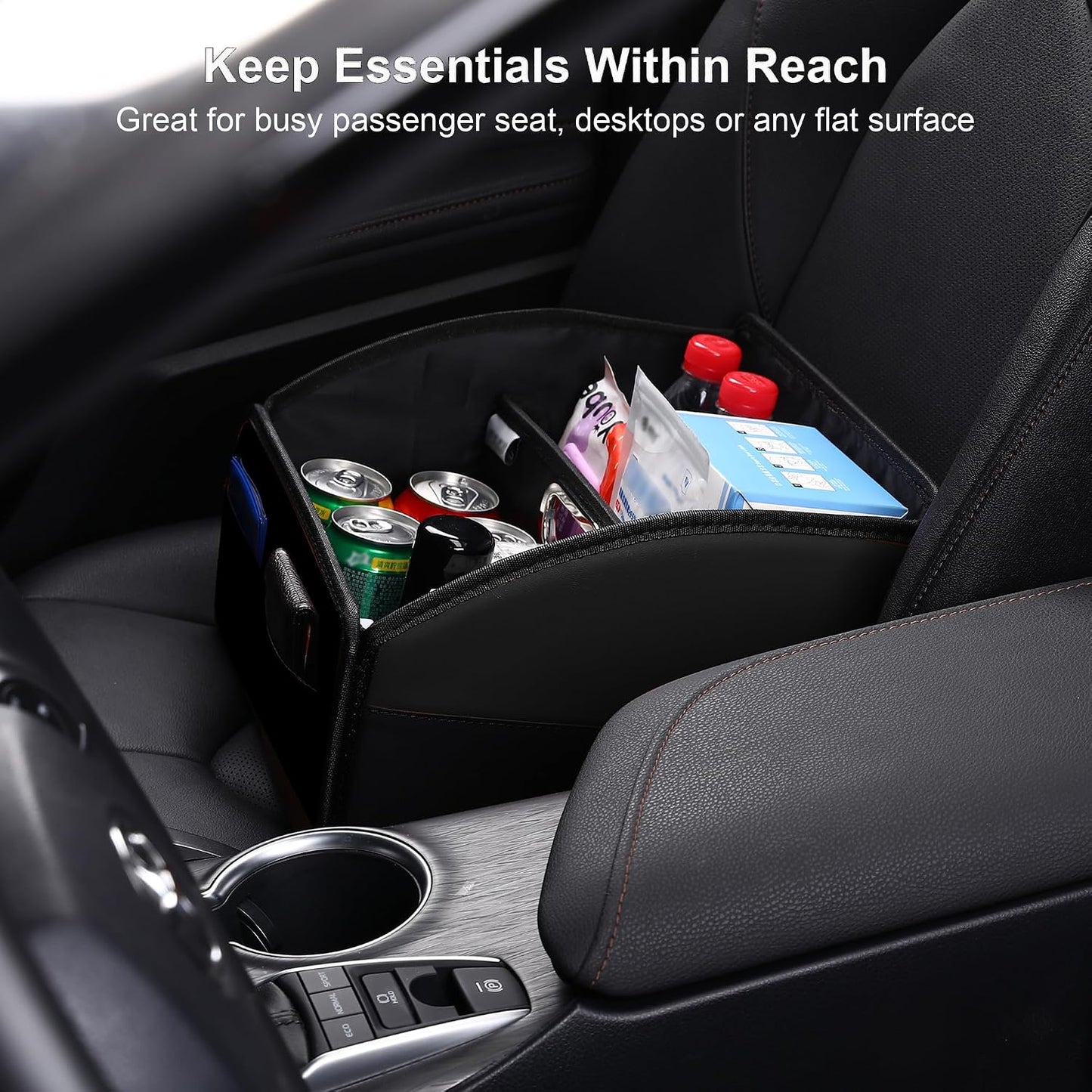Car Storage Organizer [2025 UPDATED] Leather Car Caddy Basket for Front Seat Floor Back Seats Metal Handle 6 Compartments Adjustable Strap Buckles Slip-Resistant (Black)