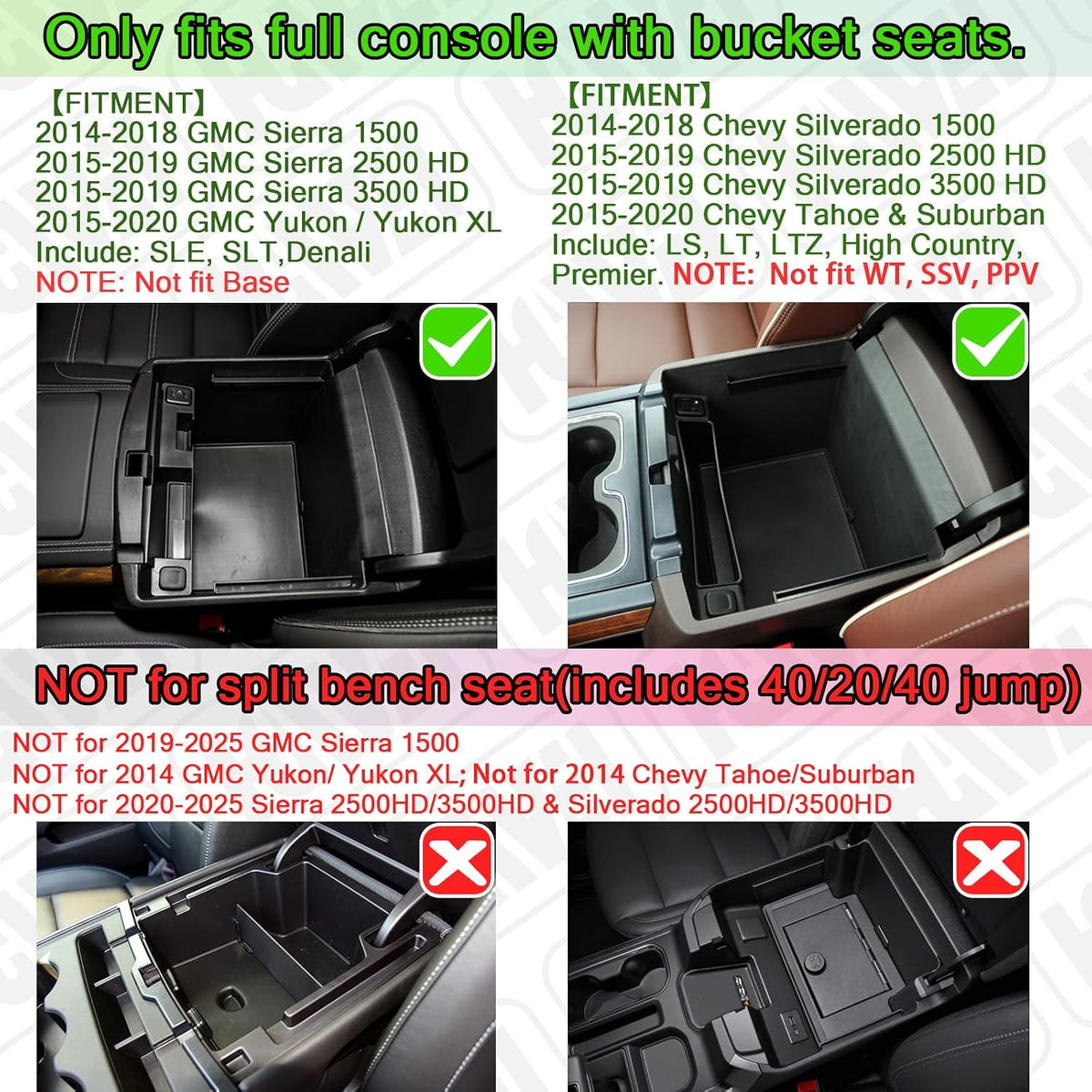 HGWEI Center Console Organizer Tray Compatible with Chevy Silverado/GMC Sierra 2014-2018 and Tahoe Suburban/Yukon 2015-2020 Accessories, Armrest Storage Coin Holder, Replaces 22817343,Black