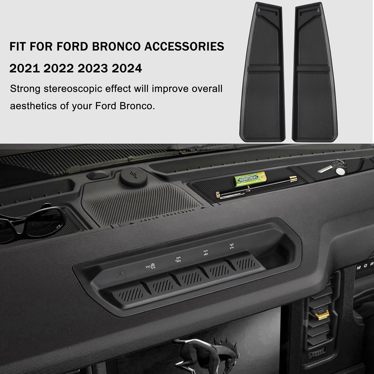 Silicone Dash Dashboard Cover Mat for Ford Bronco Accessories 2021 2022 2023 2024 2025 2026 Anti Dust Dash Pad Tray Insert Liners Compartments Mat for Bronco 2/4-Door 2Pcs Set (Black Trim)