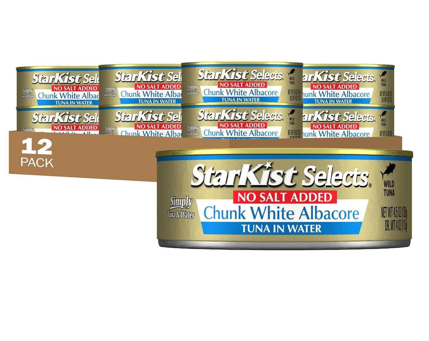 StarKist Selects No Salt Added Chunk White Albacore Tuna, 4.5oz, 12-Pack | 30g Protein Per Serving, Wild Caught, Canned Tuna, Gluten Free, Soy Free, Perfect for Salads, Sandwiches