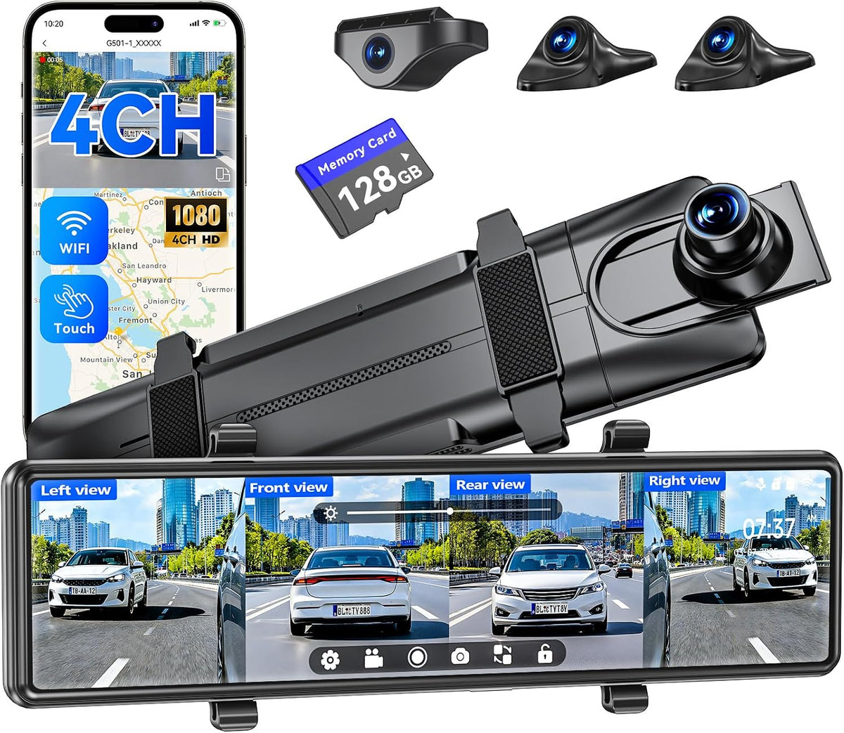 12'' Rear View Mirror Camera,4 Channel Mirror Dash Cam Detached Camera for Cars，1080P Front Rear Left Right Dash Camera for Car with 128GB Card, Night Vision, G-Sensor