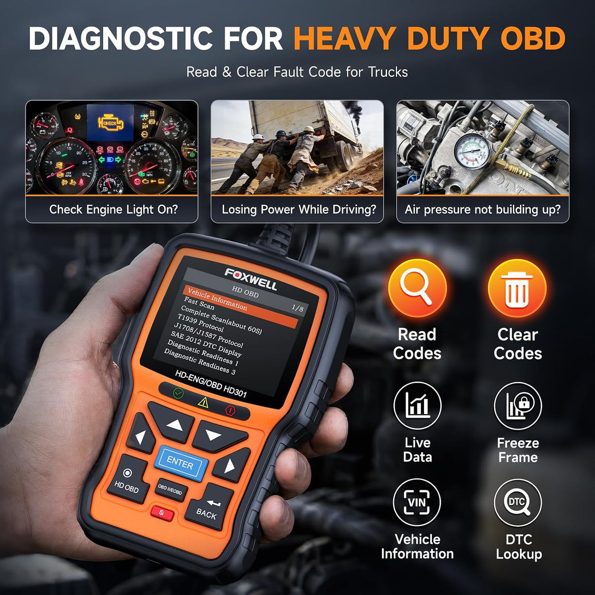 FOXWELL HD301 Heavy Duty Truck Scanner, Full System Diesel Scan Tool with 6/9/16 Pin, 2 in 1 Code Reader for Trucks & Car Engine, Diesel Diagnostic Tool for Cummins, Paccar, Caterpillar