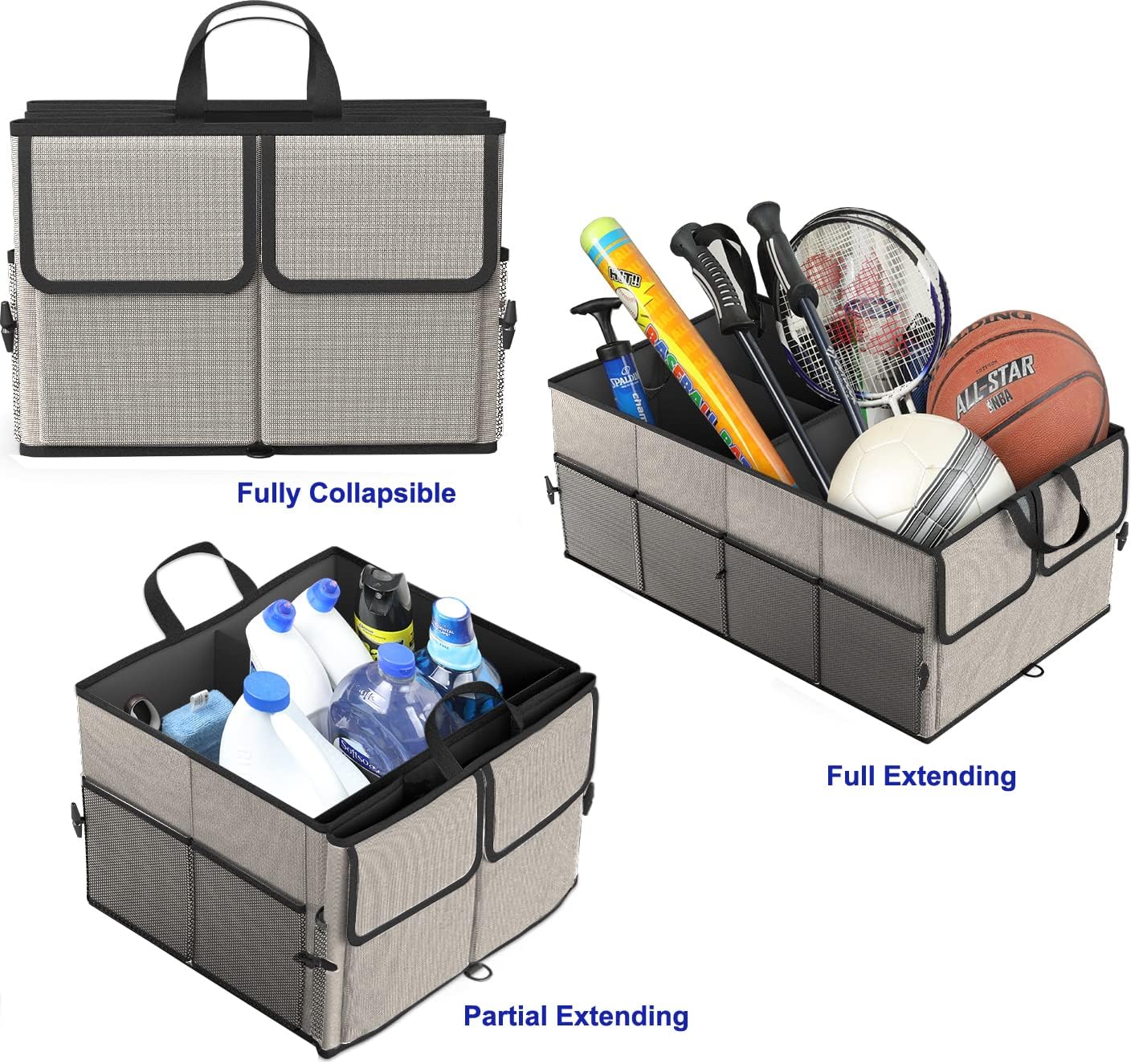 EPAuto Foldable Car Trunk Organizer for SUV, 3-Compartment, Gray | with Removable Divider, Side Pockets and Securing Straps