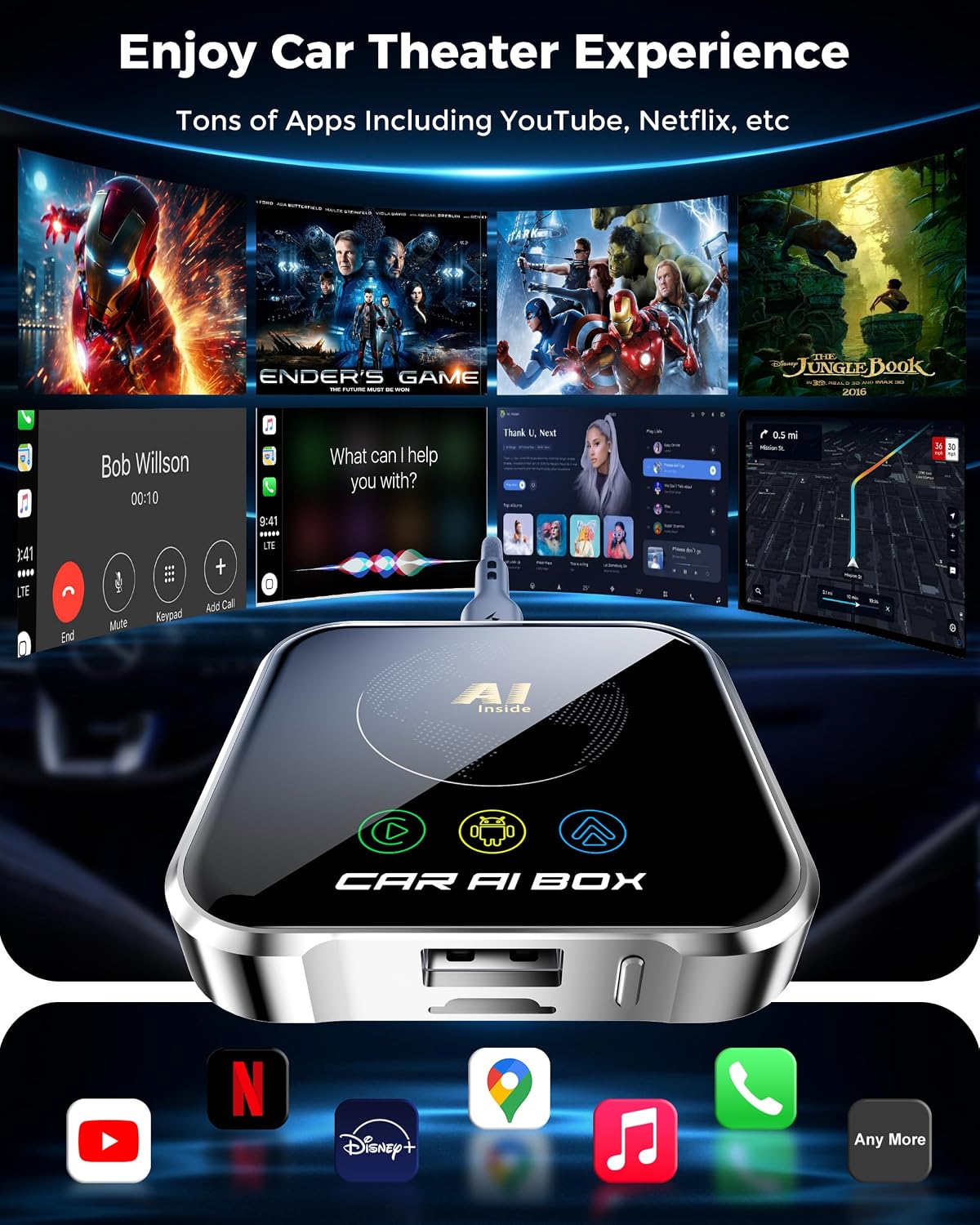 Magic AI Box Wireless CarPlay Adapter, Fast Car Video Box Plug & Play, Easy Setup, Supports Netflix/YouTube/TF Card Streaming Equalizers and More for OEM Wired CarPlay/Android Auto Cars(Smoky Gray)