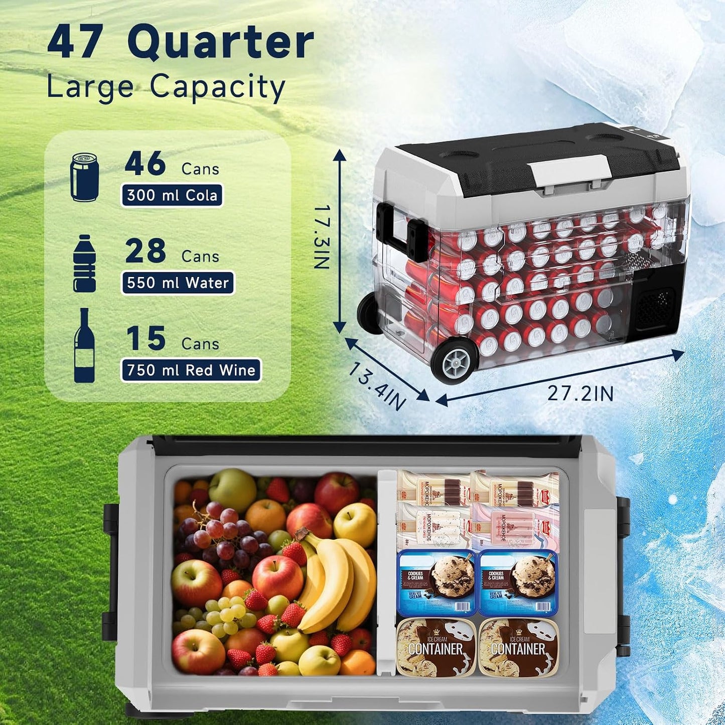 AS 12 Volt Refrigerator 47 Quart Car Fridge Portable Freezer Compressor Cooler APP Control, Electric Cooler -4℉~68℉, 12/24V DC 110~240V AC, Portable Freezer for Camping, Travel, Boat