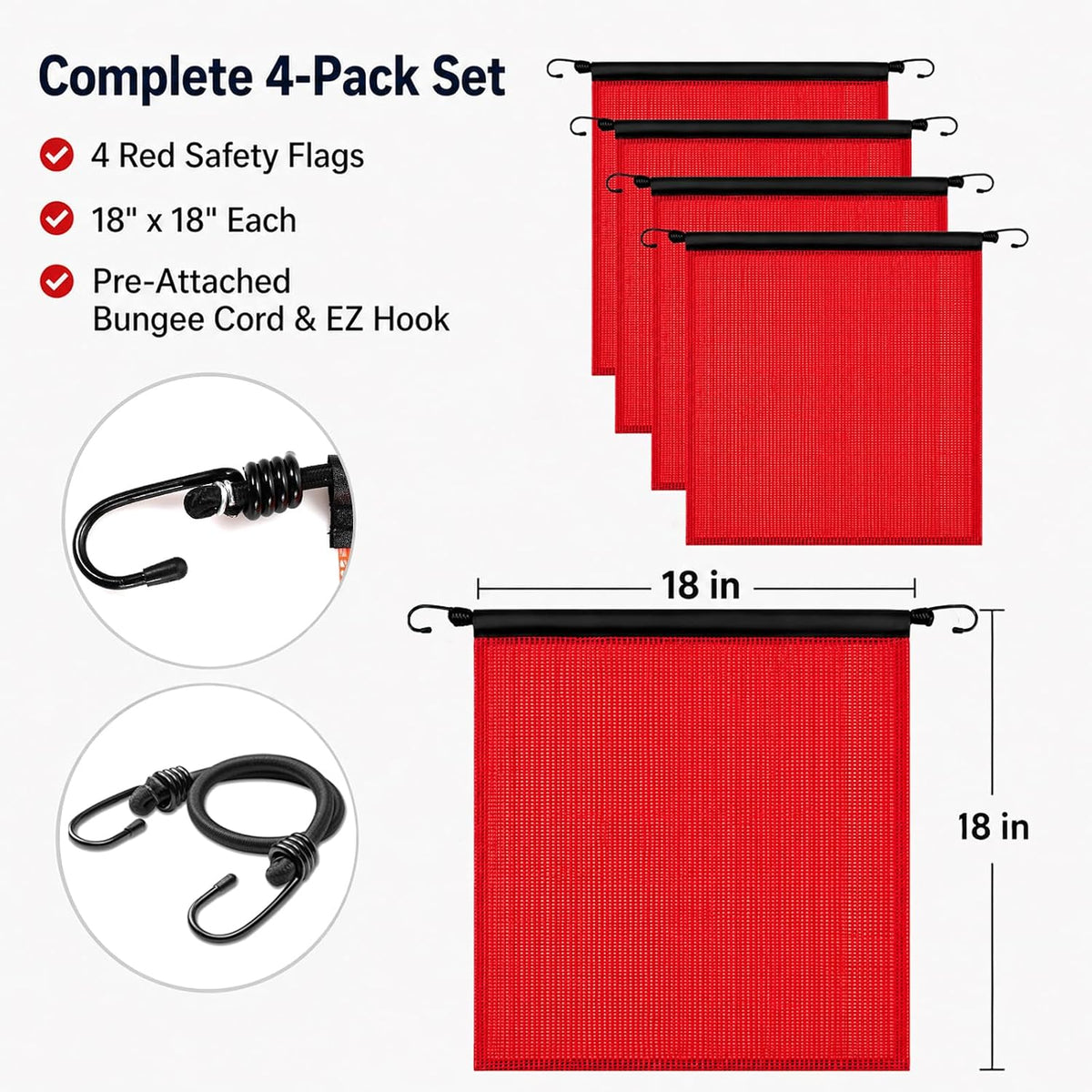 High Visibility Red Safety Flags for Oversize Loads, 18x18 Inch, 4 Pack