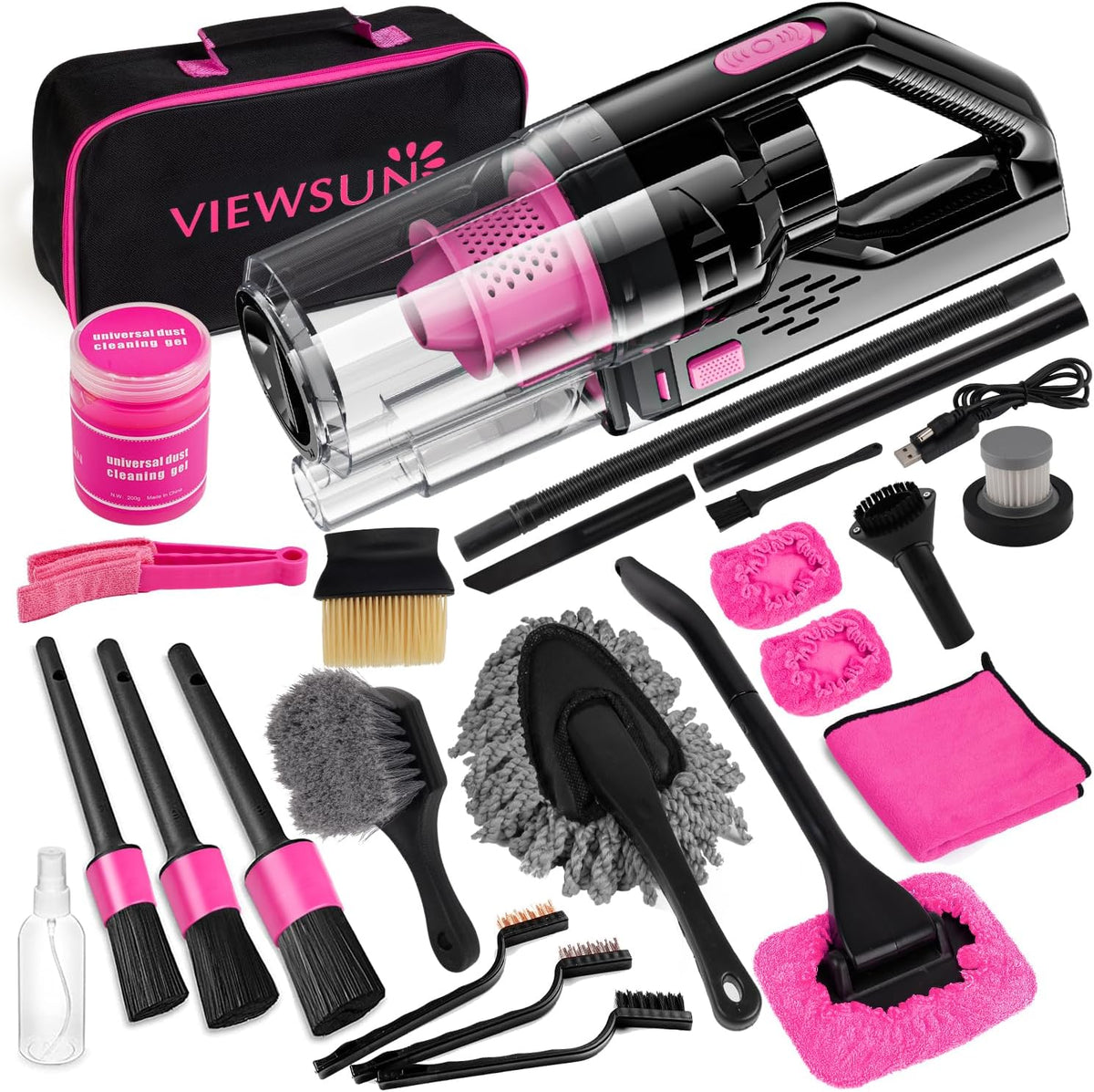 Car Vacuum Cordless Rechargeable, 8000PA High Power Handheld Vacuum Cleaner with 17PCS Car Cleaning Kit, Pink Auto Accessories for Women Gift
