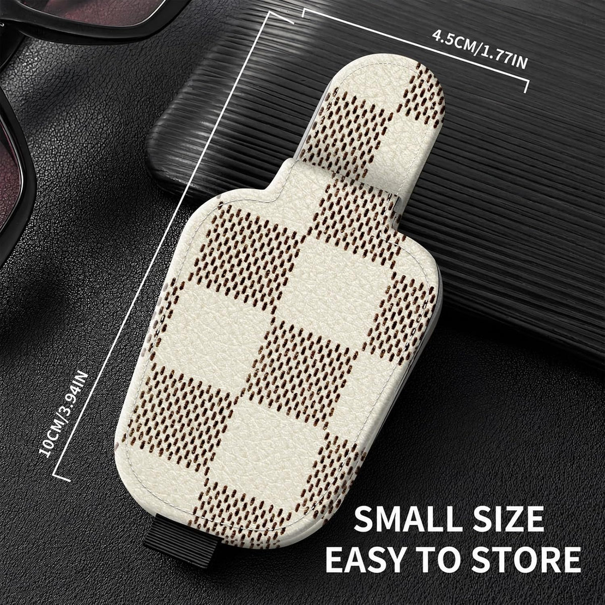 Sunglasses Holder for Car Visor, PU Leather Glasses Clip Organizer, Cute Magnetic Eyeglass Holder for Vehicle Sun Visor, Car Interior Accessory for Women & Men, Beige Check