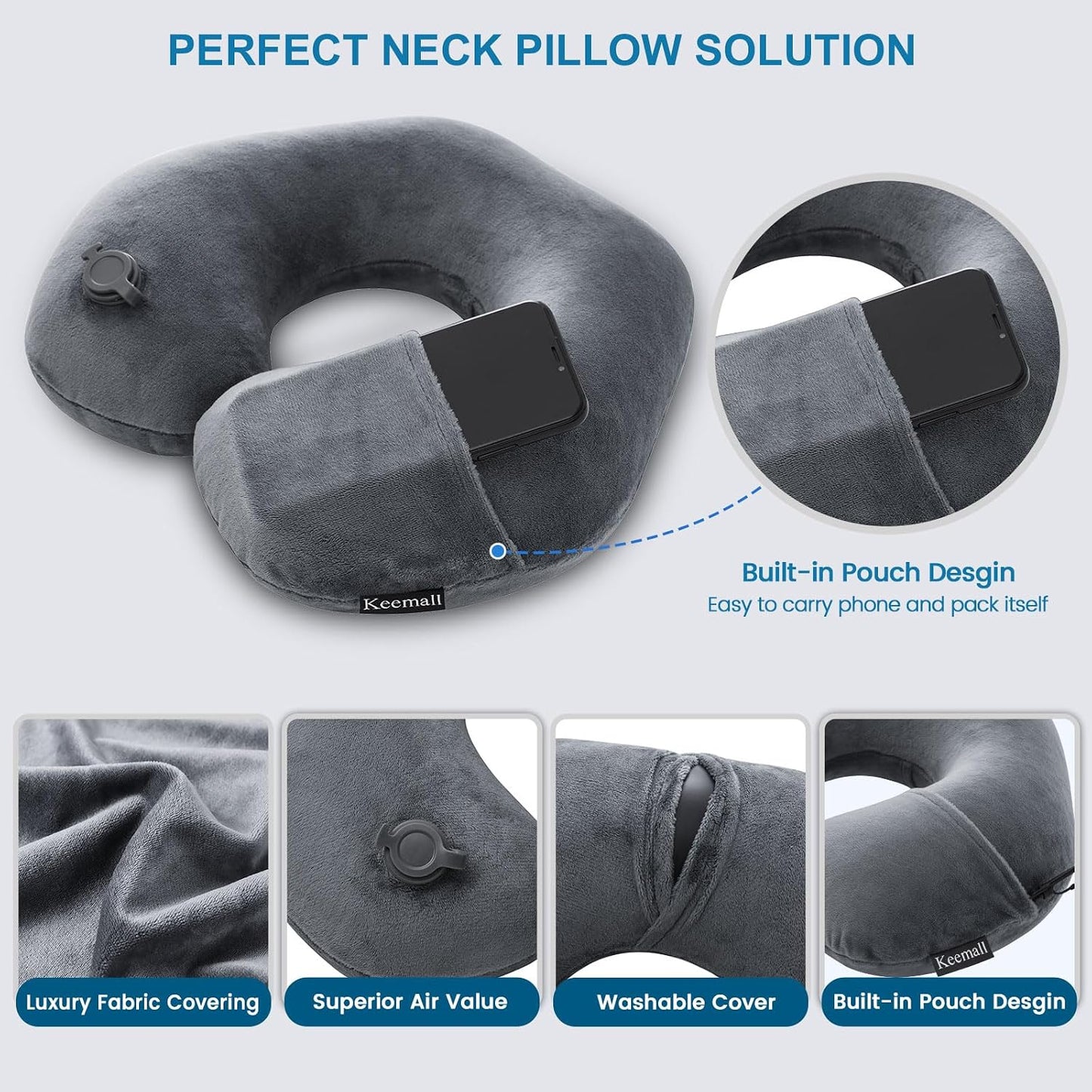 Keemall Inflatable Travel Neck Pillow, Super Soft Plane Neck Support Pillow for Travel Ariplane Sleep Support, Adjustable Neck Cushion Headrest Pillow, Folds Up Nicely, Black Grey