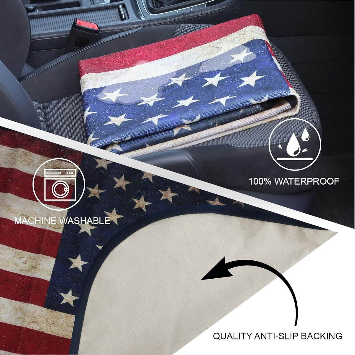 Sweat Towel Car Seat Cover Protector Front Seats for Gym Workout, Running, Swimming, Beach and Hiking, Waterproof Universal Seat Cover for Car, Trucks, Van & SUV (1, American Flag, Rear Seat)