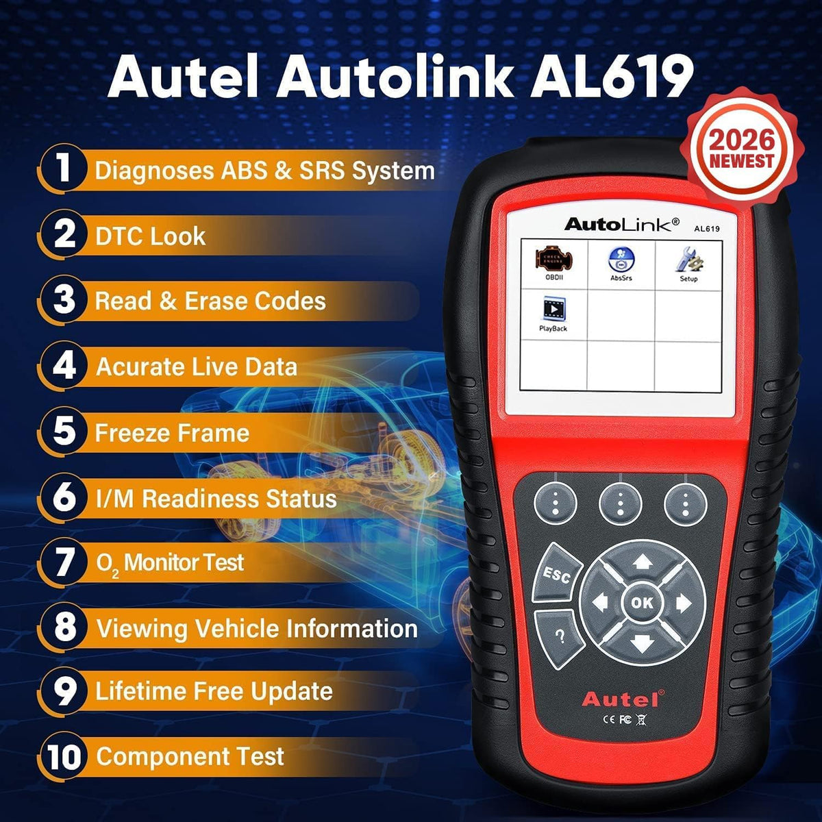 Autel AutoLink AL619 OBD2 Scanner, ABS SRS Warning Light Diagnostic Tool