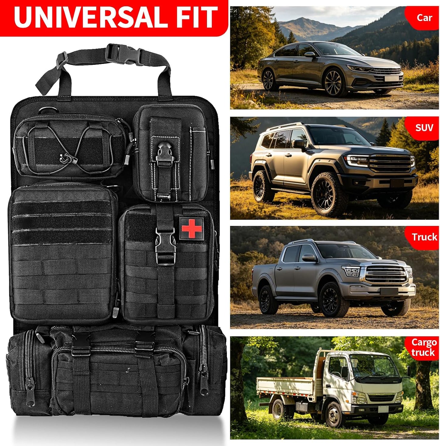 Tactical Car Seat Back Organizer with 5 Detachable Molle Pouches, 600D PU Waterproof Vehicle Seat Back Storage Bag, Universal Fit for Car, SUV, Truck, Pickup, Truck (Black)
