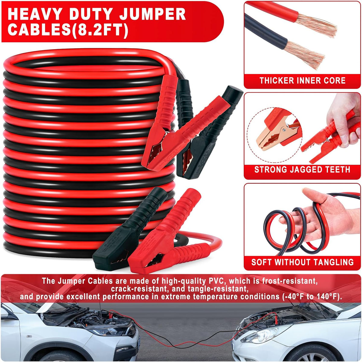 Car Roadside Emergency Kit with Jumper Cables, Shovel, 10-in-1 Tool Set