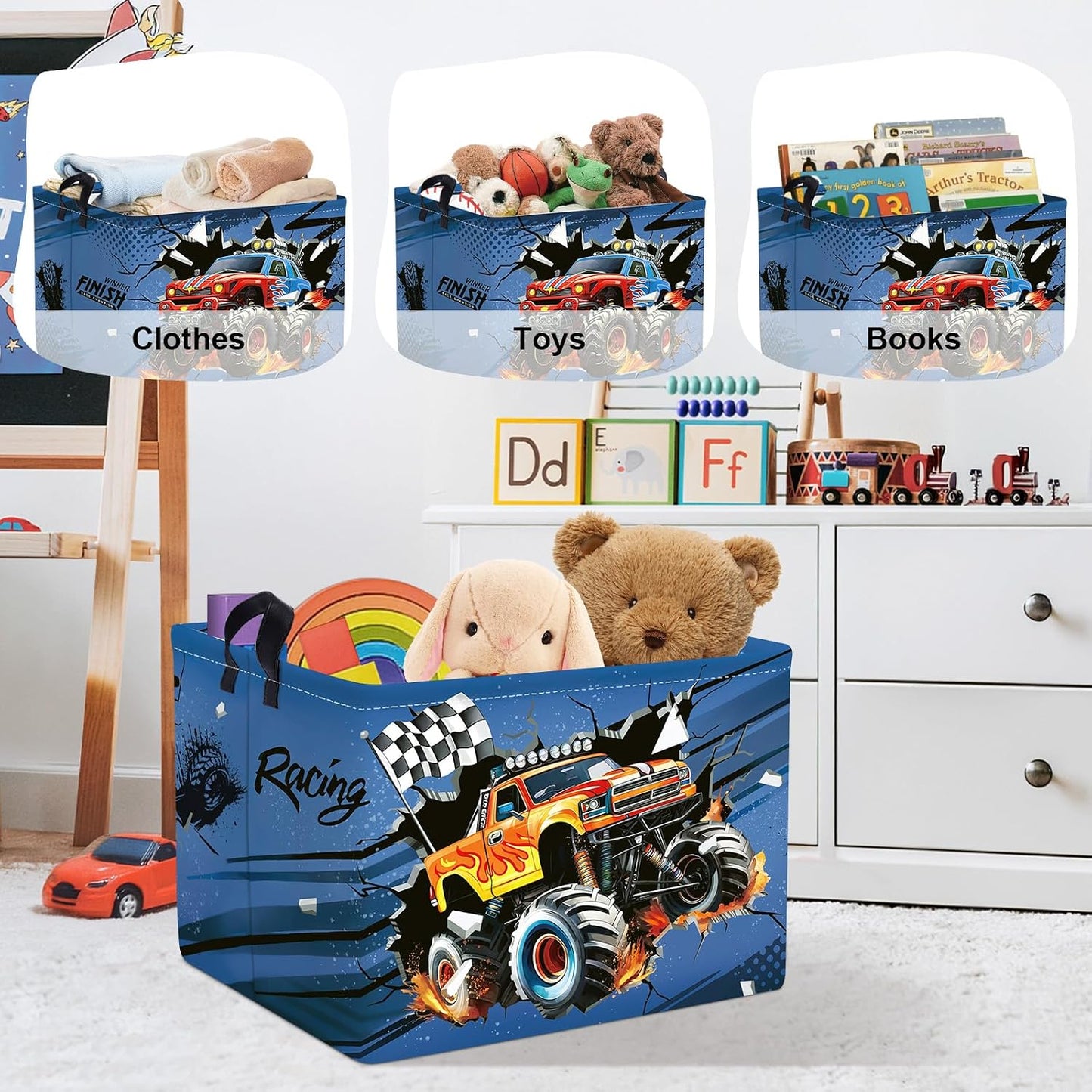 Racing Car Baby Laundry Hamper with Handle Clothes Kids Storage Basket Collapsible Boys Gift Toy Box Bin for Nursery Room, Blue, 36L