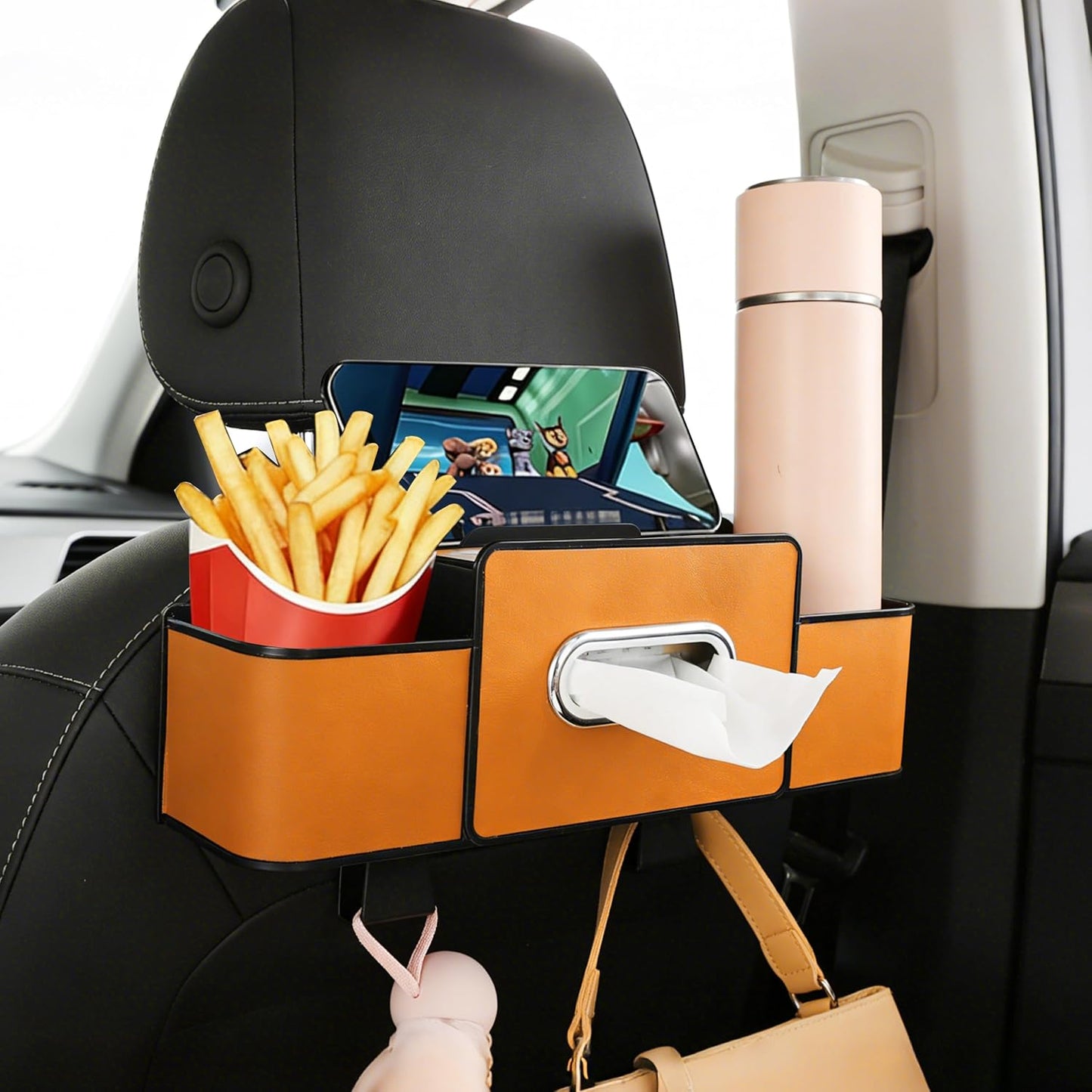 Amooca Back Seat Car Organizer, 4+2 in 1 Multifunctional Car Backseat Storage Box with 5 Cup Holders Tissue Box Hook, Car Interior Storage for Travel Phones Snacks Drinks(Orange)