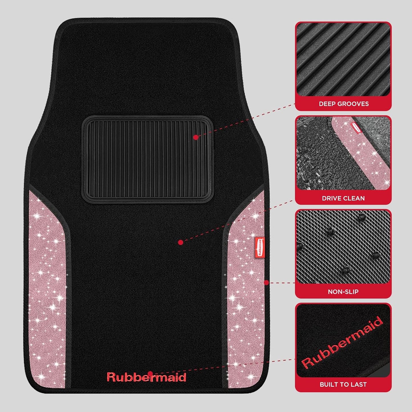 Rubbermaid Bling Car Mats, Carpeted Floor Car Mat with Faux Leather & Built-in Heel Pad, Two-Tone Car Rug Floor Mats, Stylish Carpeted Floor Mats for Cars, Trucks & SUVs Glitter Pink Color