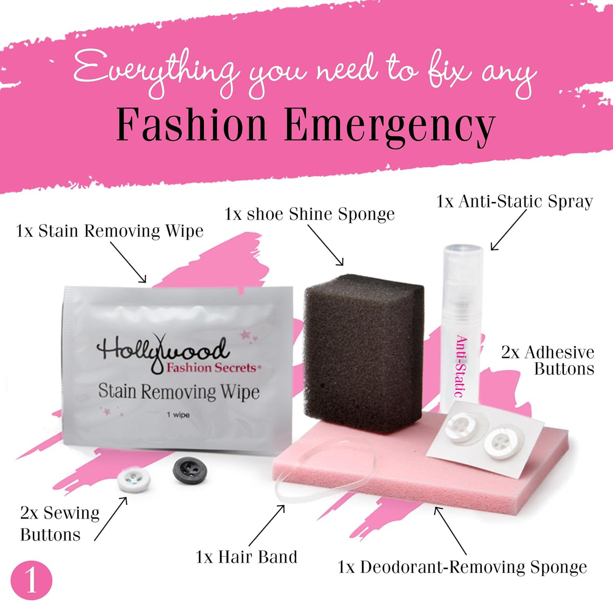 Hollywood Fashion Secrets Style Emergency Kit – Your Compact, On-the-Go Wardrobe Savior with Fashion Tape, Lint Sheets, Stain Remover &amp; Deodorant Sponge, 14 Piece Set