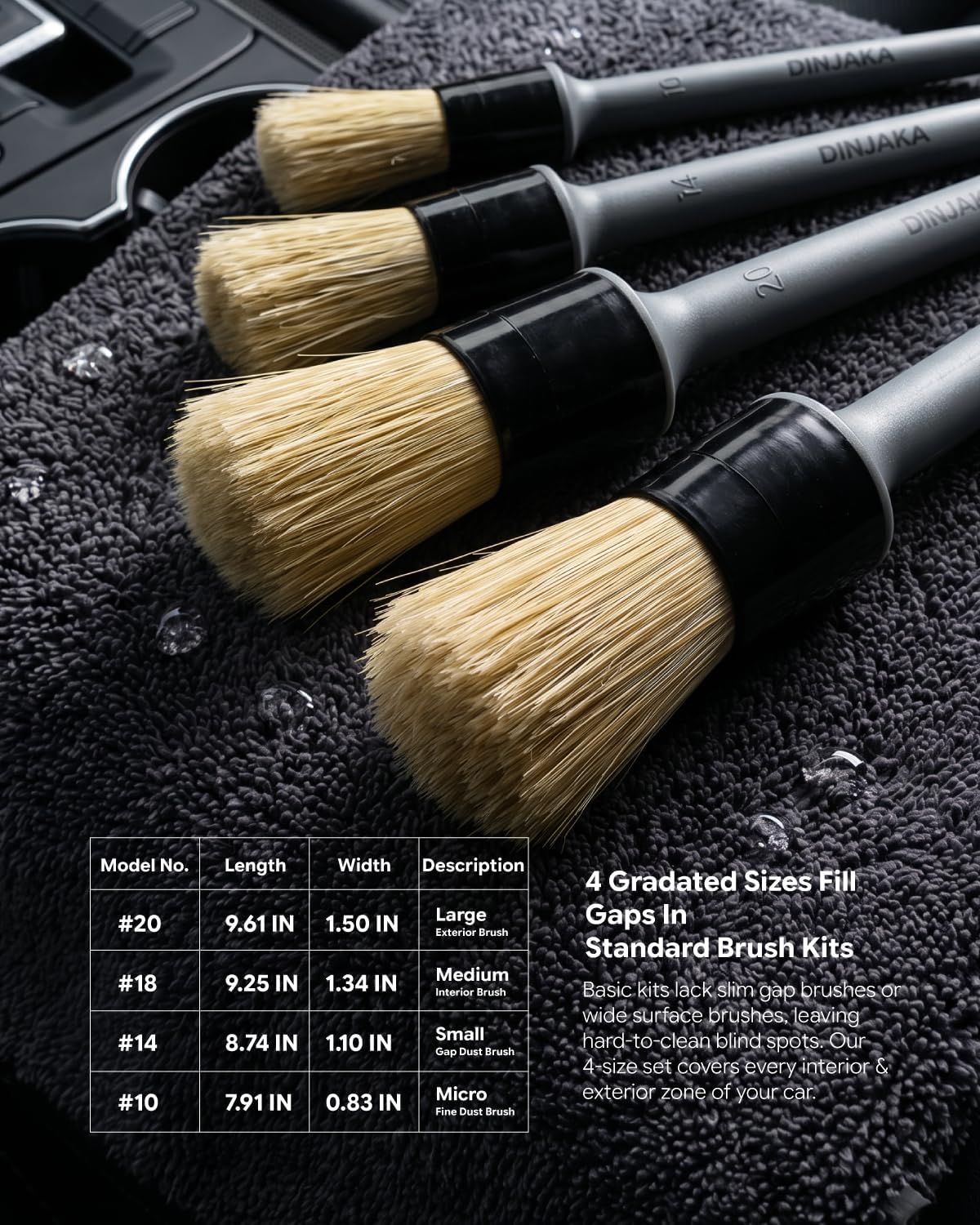 Car Detailing Brush Set Boar Hair 4 Pack Interior Exterior Vents