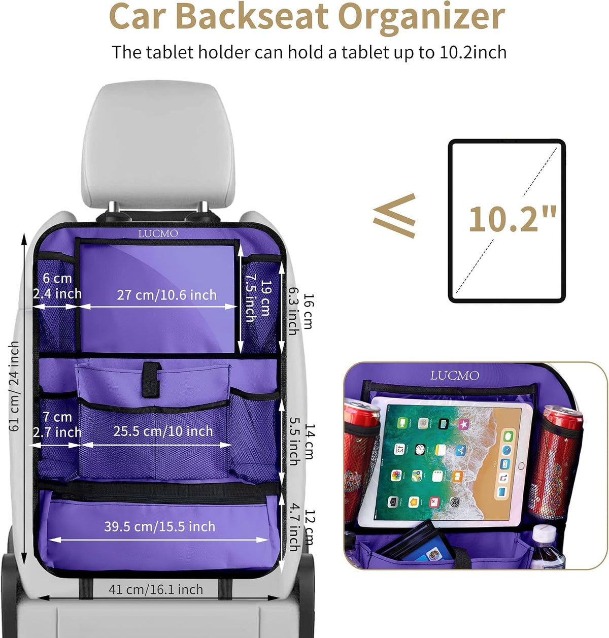 LUCMO Car Backseat Organizer with Touch Screen Tablet Holder, Dark Purple
