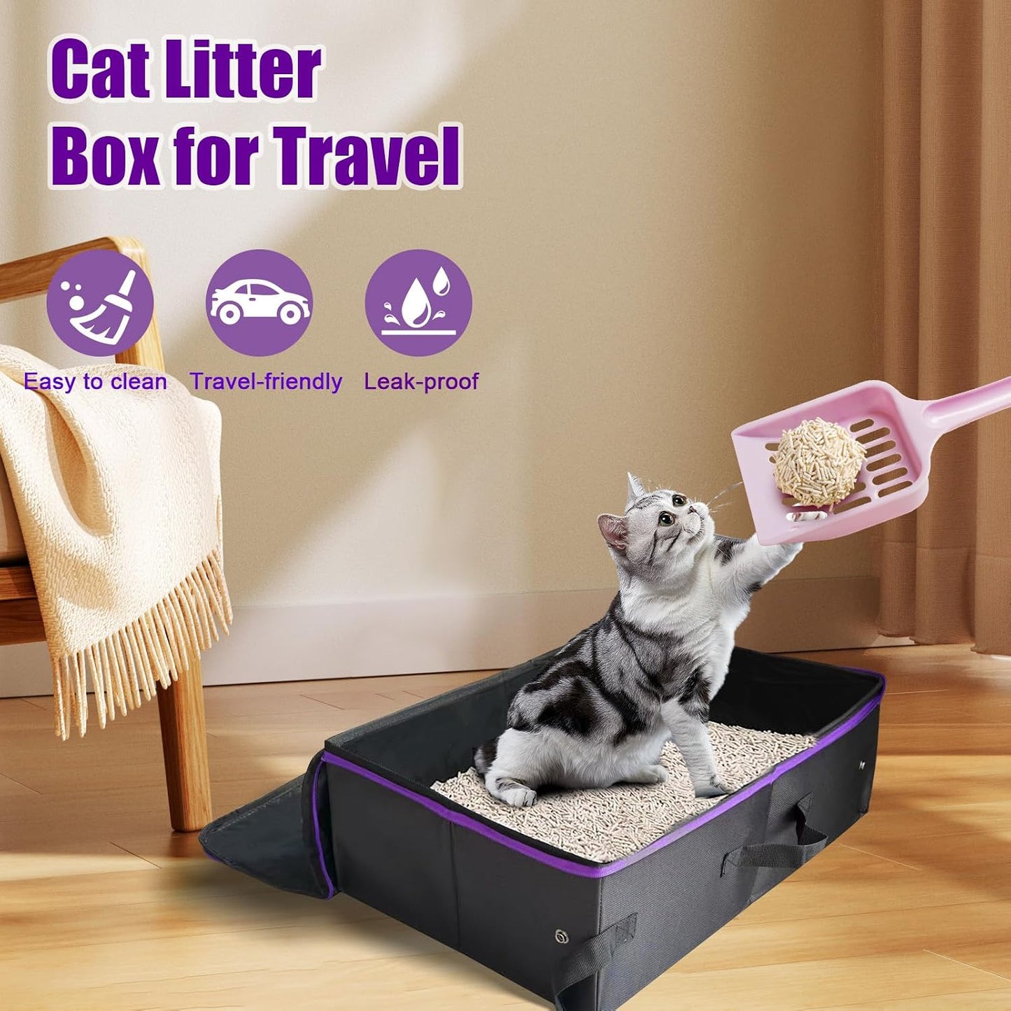 20x14x6.5 Inches, Large Portable Cat Travel Litter Box with Zipped Lid & 10 Liners, Leak-Proof, Lightweight, Sturdy & Waterproof and Foldable Travel Cat Litter Box for Hotels, Car, & Camping