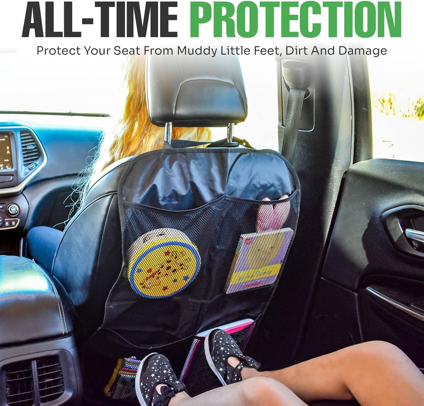 lebogner Back Seat Cover for Kids + 4 Pocket Storage Organizer, 2 Pack X-Large Waterproof Kick Mats Backseat Protector, Car Seat Back Protectors for Vehicles to Protect from Dirt, Mud & Scratches