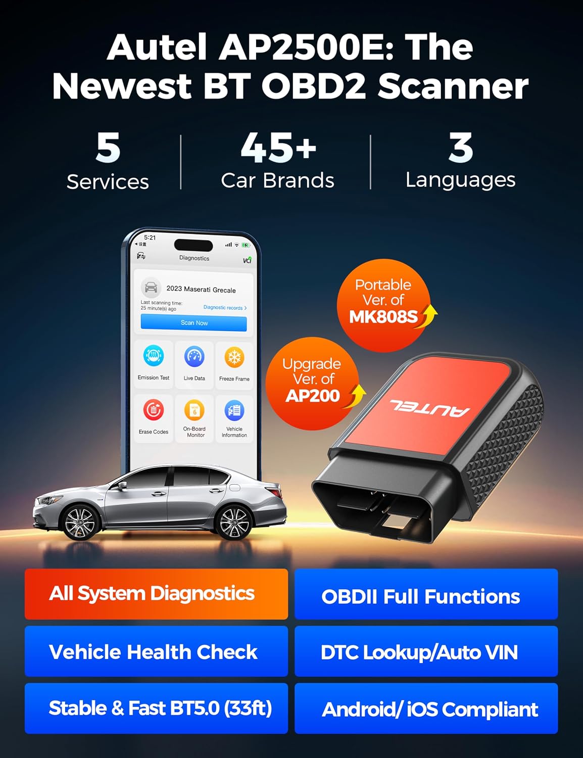 Autel AP2500E OBD2 Scanner Bluetooth Code Reader, Upgrade of AP200
