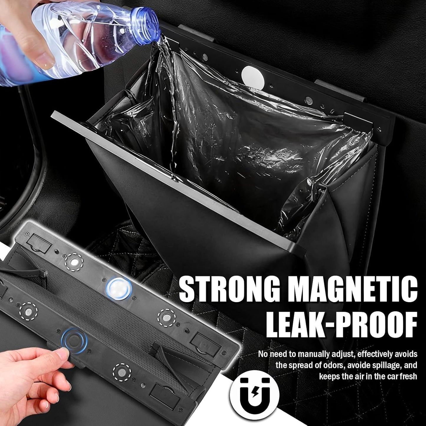 LED Car Trash Can Leak-Proof,Strong Magnetic Fast Closing Car Trash Bin as Cars Organizers and Storage,Cars Garbage Can with Automotive Trashs Bag for Backseat,Console,Door