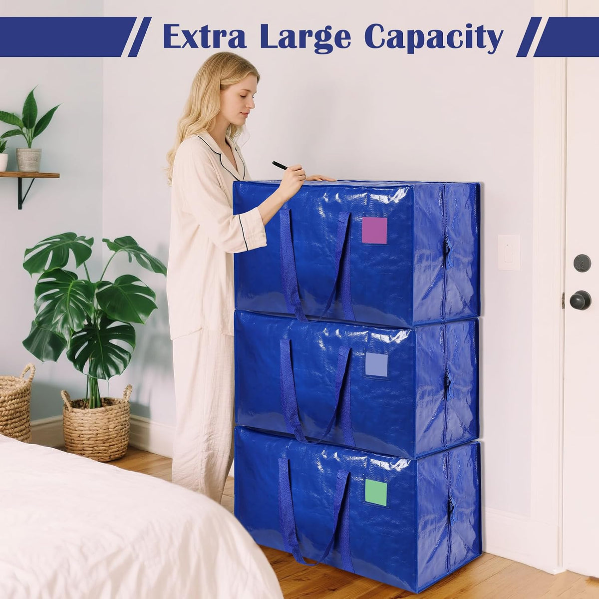 12 Pack Moving Bags with Full-Open Side Zipper, Extra Large 93L Heavy Duty Waterproof Foldable Storage Totes for College Dorm, Moving & Home Organization Blue