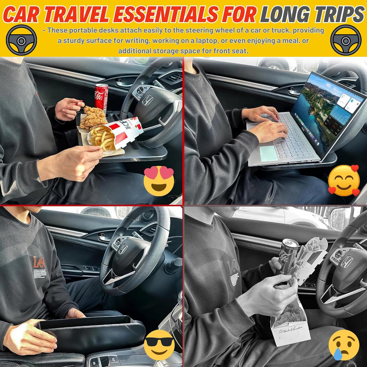 2-in-1 Steering Wheel Desk - Steering Wheel Tray Table with Seat Gap Filler Organizer | Car Food Tray for Driver | Car Desk for Laptop & Eating - Work Road Trip Essentials Accessories