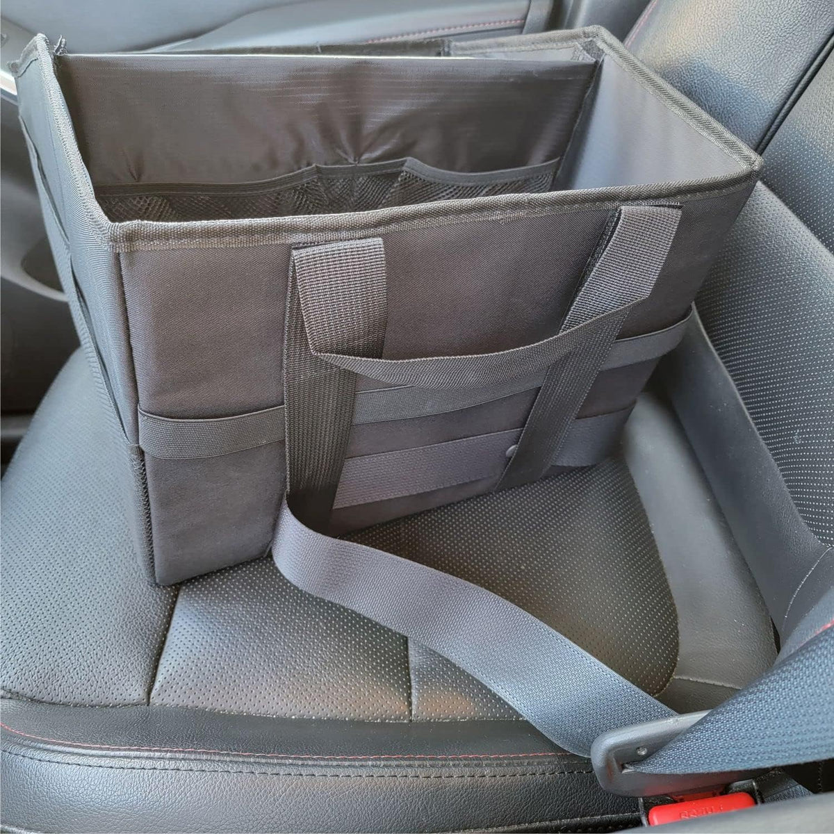 New Wider Tote Organizer, Collapsible with Elastic Strap for Easy Storage, Center Back Seat Container with Seat Belt Securing Loop. Tesla Accessories (Black XL Tote, 1 pack)