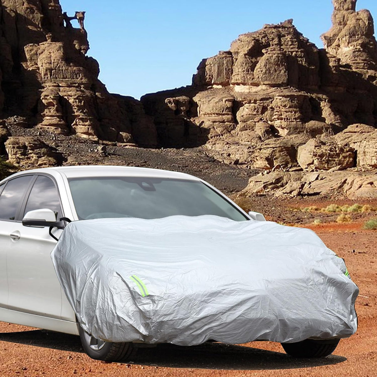 Car Windshield Cover with Reflective Straps Silver Tone 84" x 43"