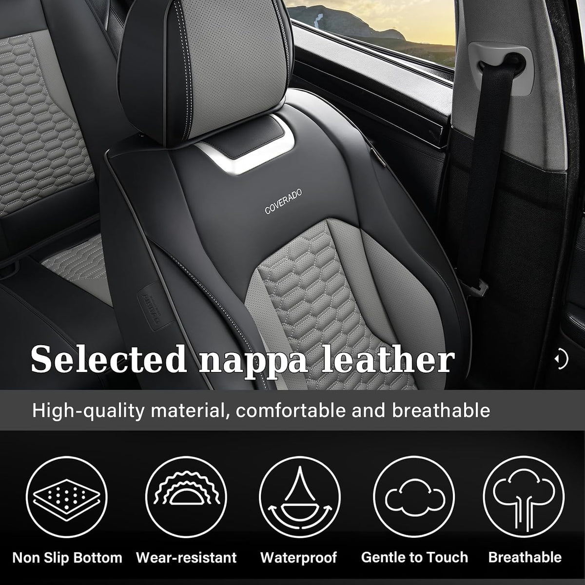 Coverado Car Seat Covers Front Seats, Luxury Leather Seat Covers for Cars, Automotive Car Seat Covers Protector Universal Fit Most Sedans, SUVs, Pick-up Trucks Interior Accessories(Black&Gray)