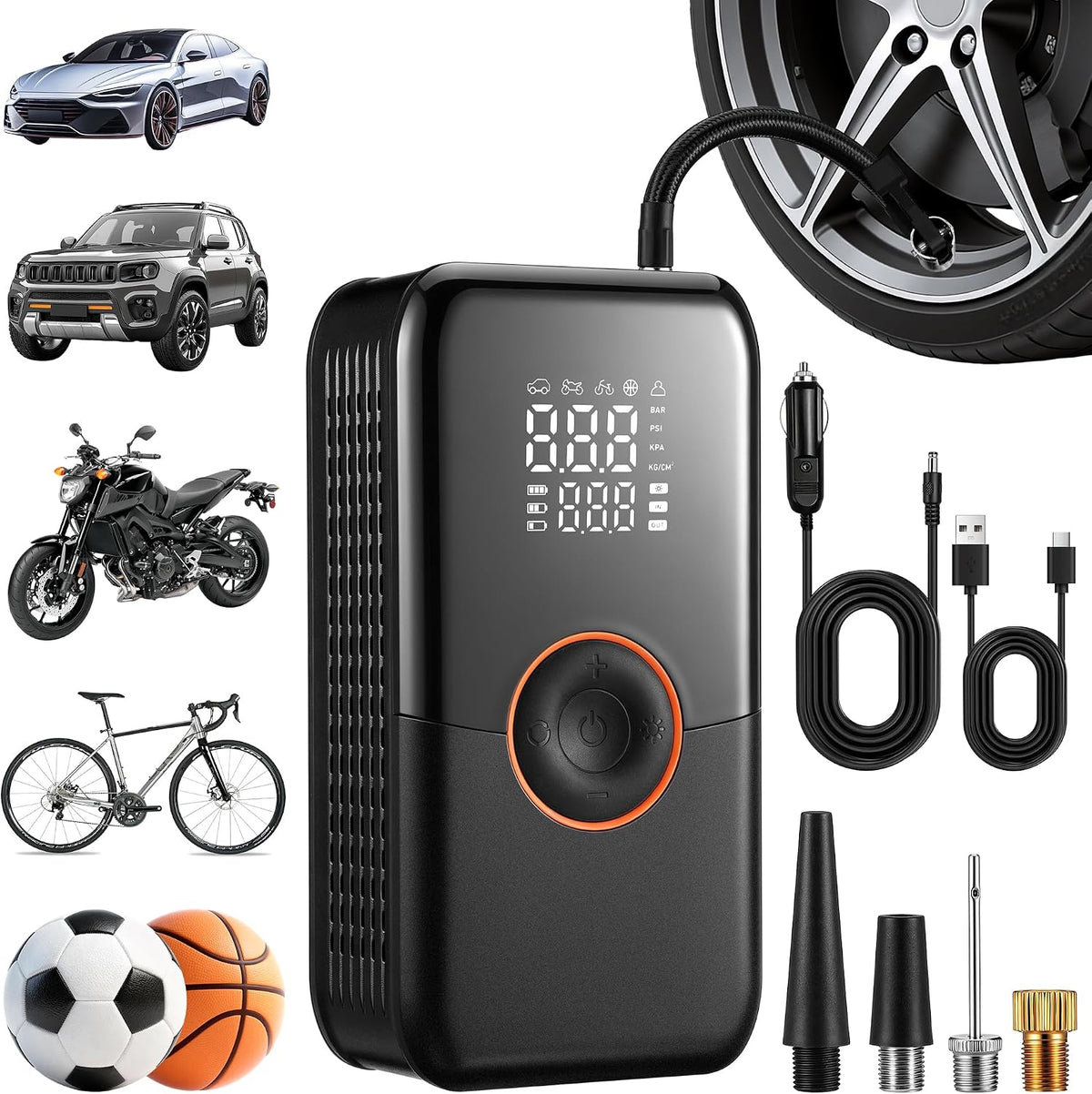 Tire Inflator Portable Air Compressor, 150PSI Air Pump for Car Tire with Digital Pressure Gauge Auto Shut-Off LED Light Fast Inflation, Cordless Bike Pump for Car Motorcycle Bike Ball, Black