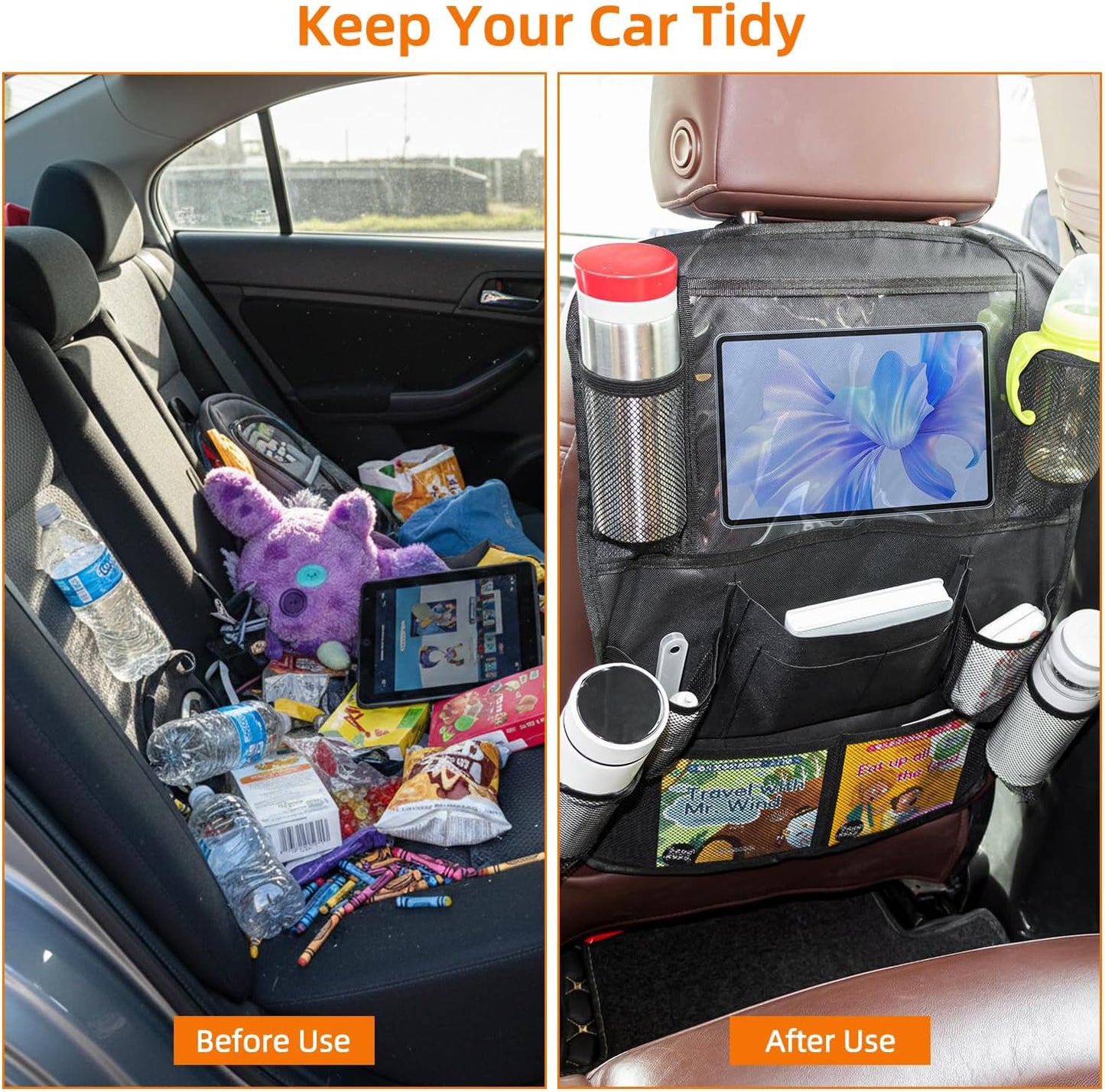 2 Pack Car Organizer Backseat with 12 Storage Pockets, Waterproof Back of Seat Car Storage Organizer Kick Mats for Kids Baby