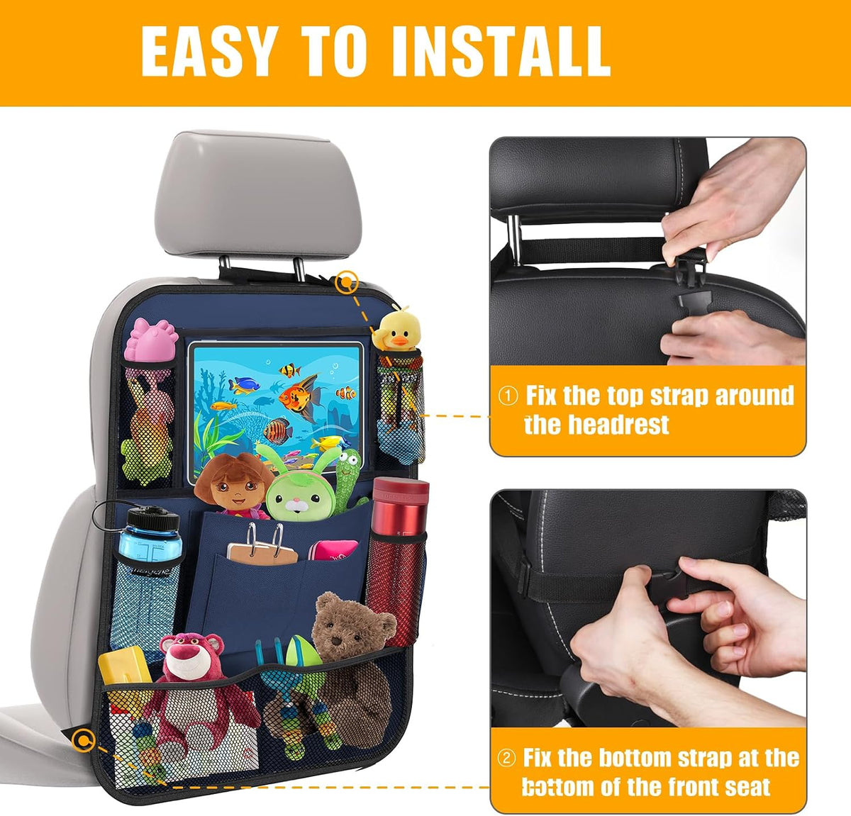 Backseat Car Organizer w/ 10 Storage Pockets, 11" Tablet Holder, 2 PCS Blue