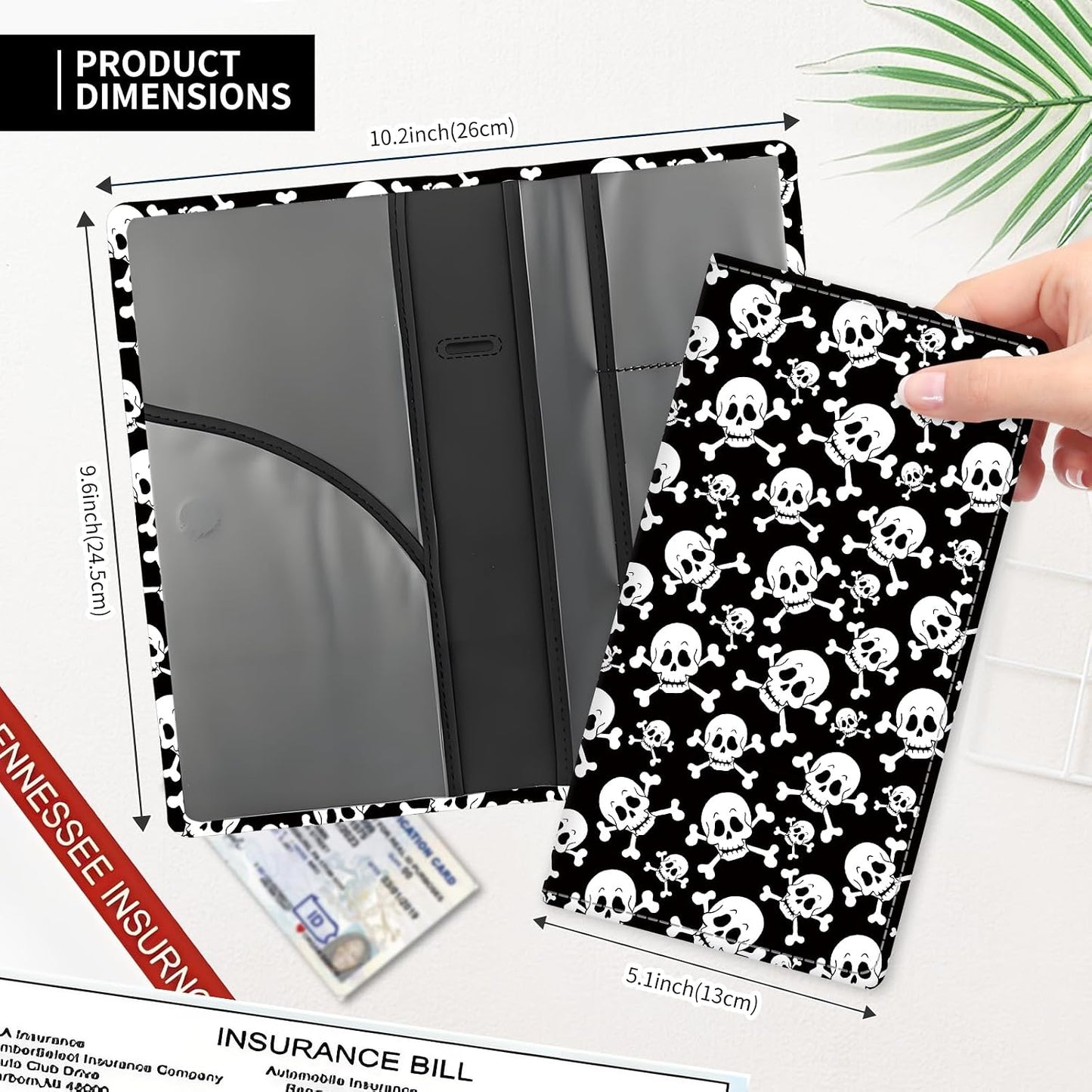 Leather Car Registration and Insurance Card Holder, Cute Car Accessories Vehicle Glove Box Car Organizer for Documents, Cards, License Black White Skulls