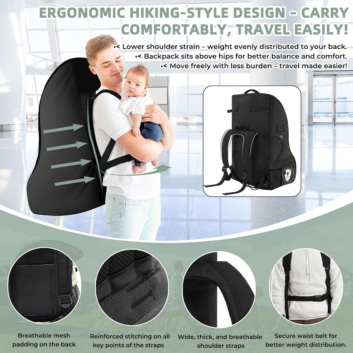 Car Seat Travel Bag for Airplane – Waterproof Heavy Duty Carseat Backpack for Gate Check or Airport Travel – Fits Infant, Convertible & Booster Seats, Black