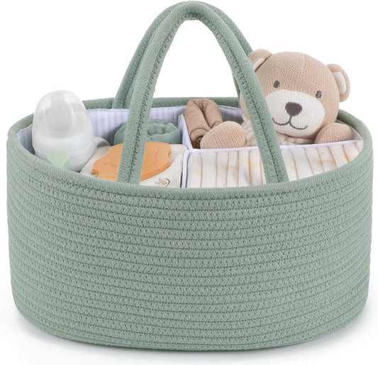 Maliton Diaper Caddy Organizer for Baby, Portable Diaper Storage Organizer for Changing Table and Car, Cotton Rope Nursery Storage Bin Basket for Baby Shower, Newborn Essentials Must Haves - Green