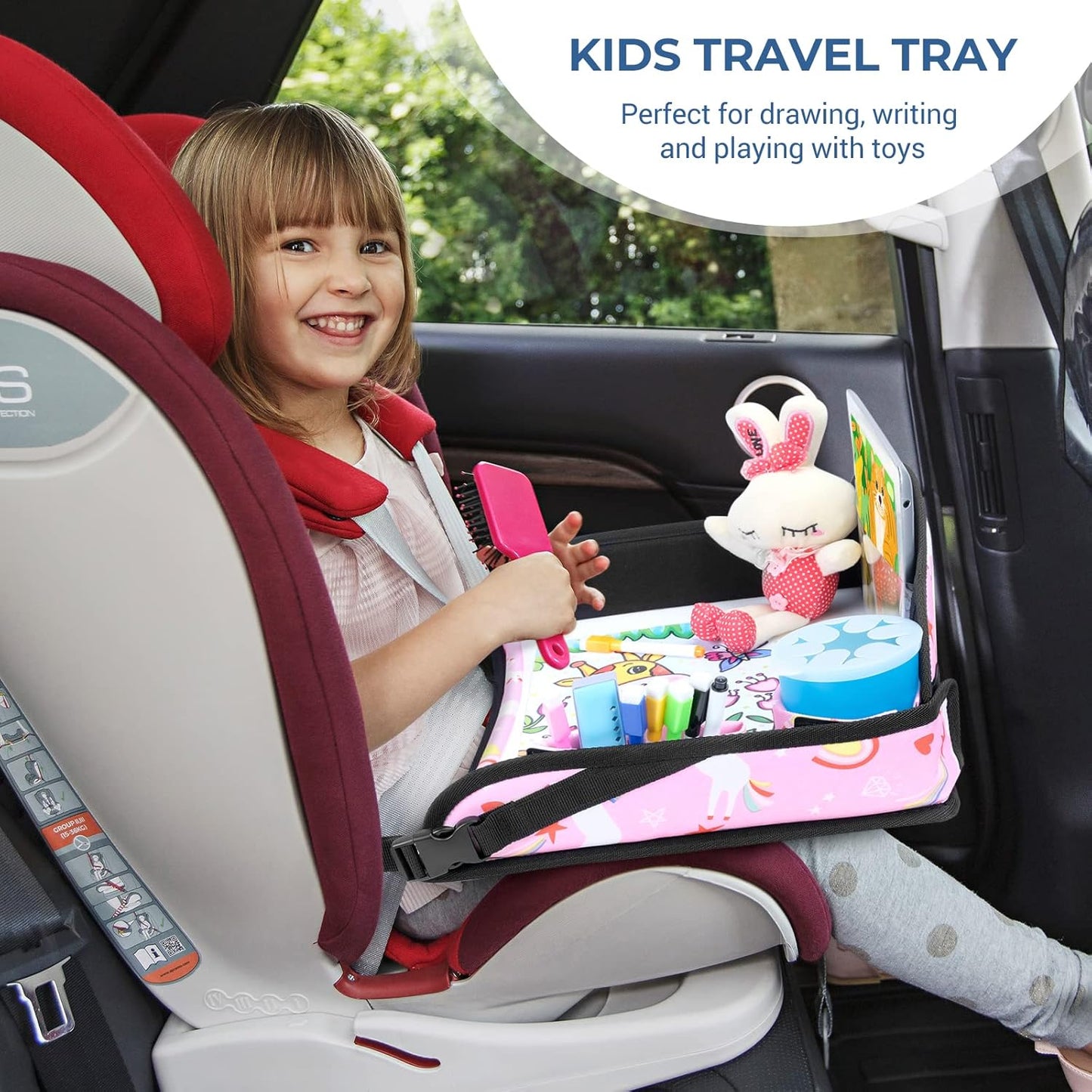 COOLBEBE Kids Travel Tray for Toddler Car Seat, Portable Car Seat Lap Tray with 2 Cup Holders, Pink Unicorn Design for Airplane, Road Trip Activities