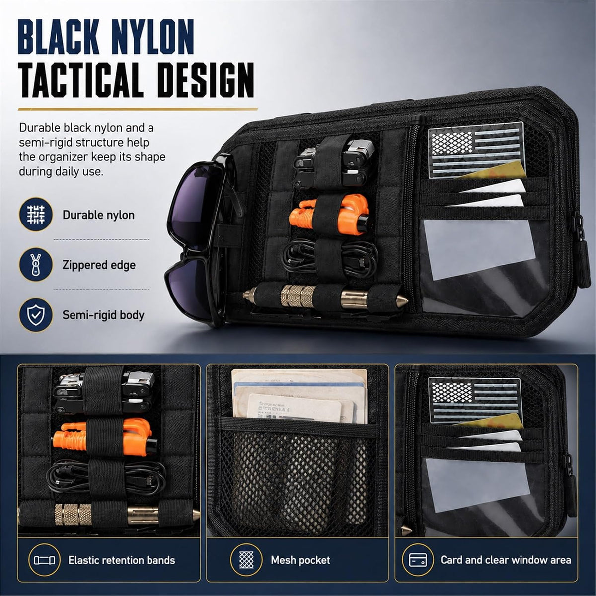 GOOGO Car Sun Visor Organizer, Black Nylon MOLLE Panel with Strap-On Pouch