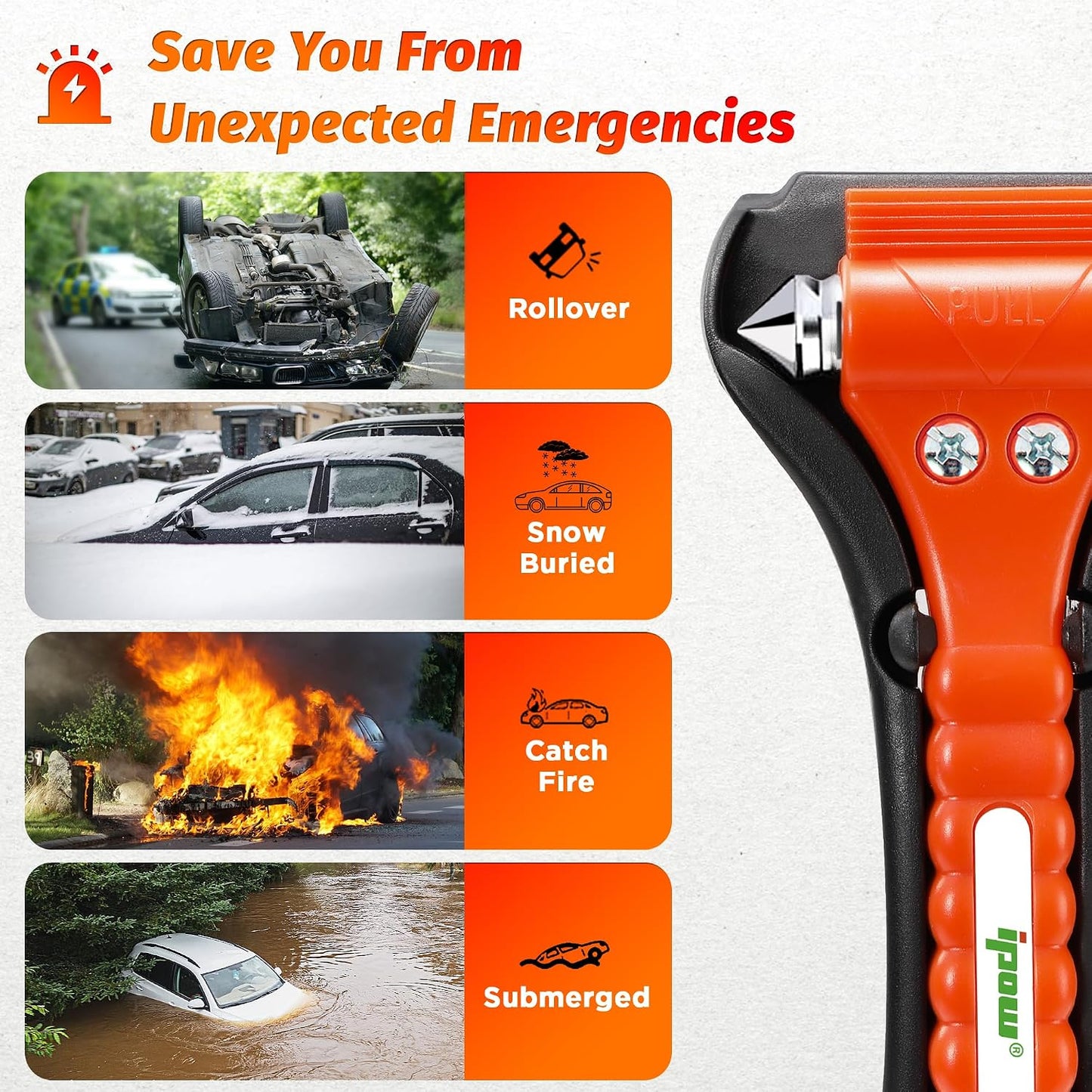 IPOW 4 Pack Car Window Breaker Seatbelt Cutter, Heavy Carbon Steel Glass Breaker Car Safety Hammer Emergency Escape Tool, Auto Rescue Life Saving Survival Kit for Car, Office, Home