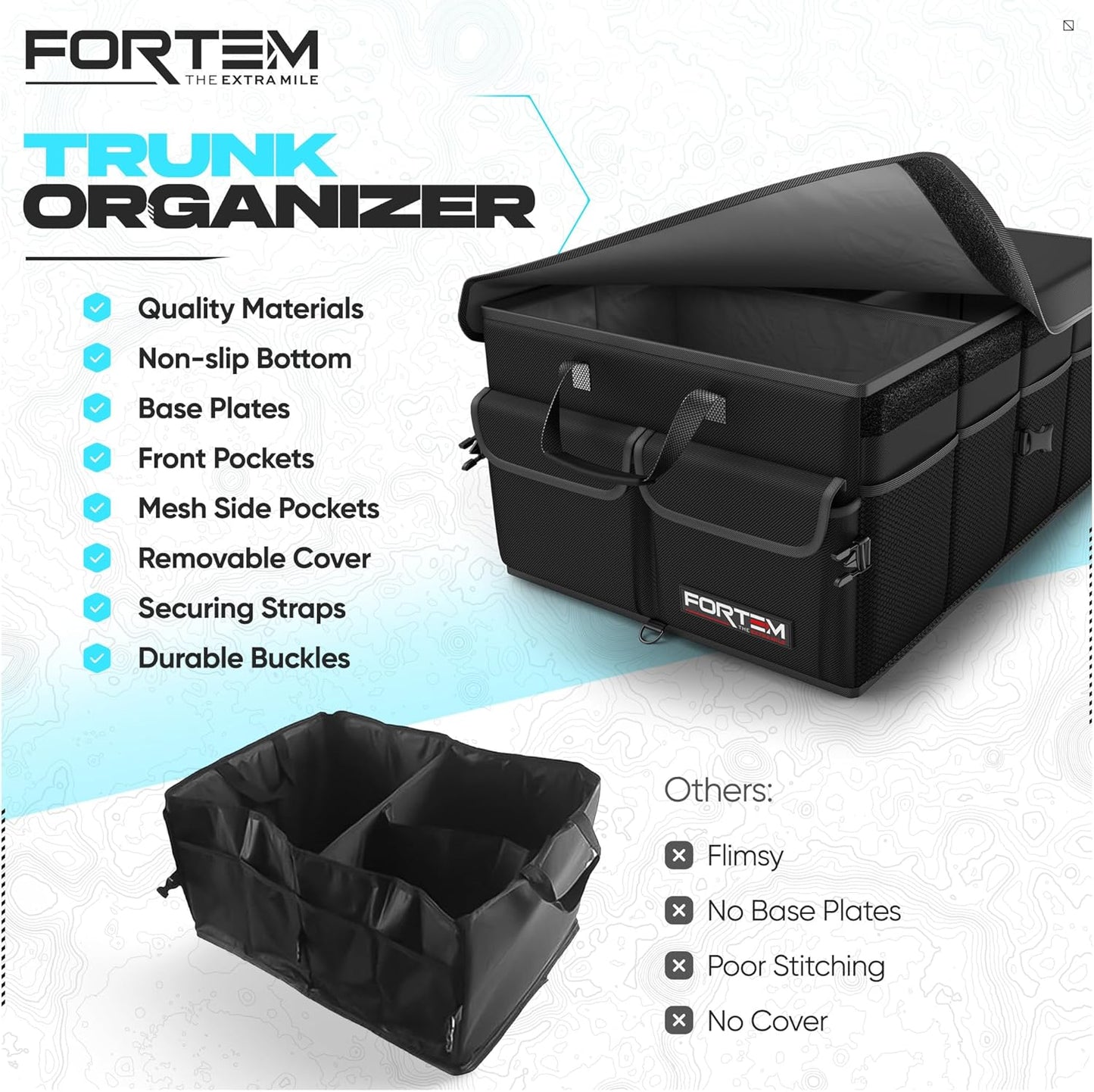 FORTEM Trunk Organizer For SUV Car Trunk Organizer, Foldable Storage, Car Accessories for Women Men, Collapsible Bag, 600D Oxford, Non Slip Bottom, Straps, Soft Cover (50L)
