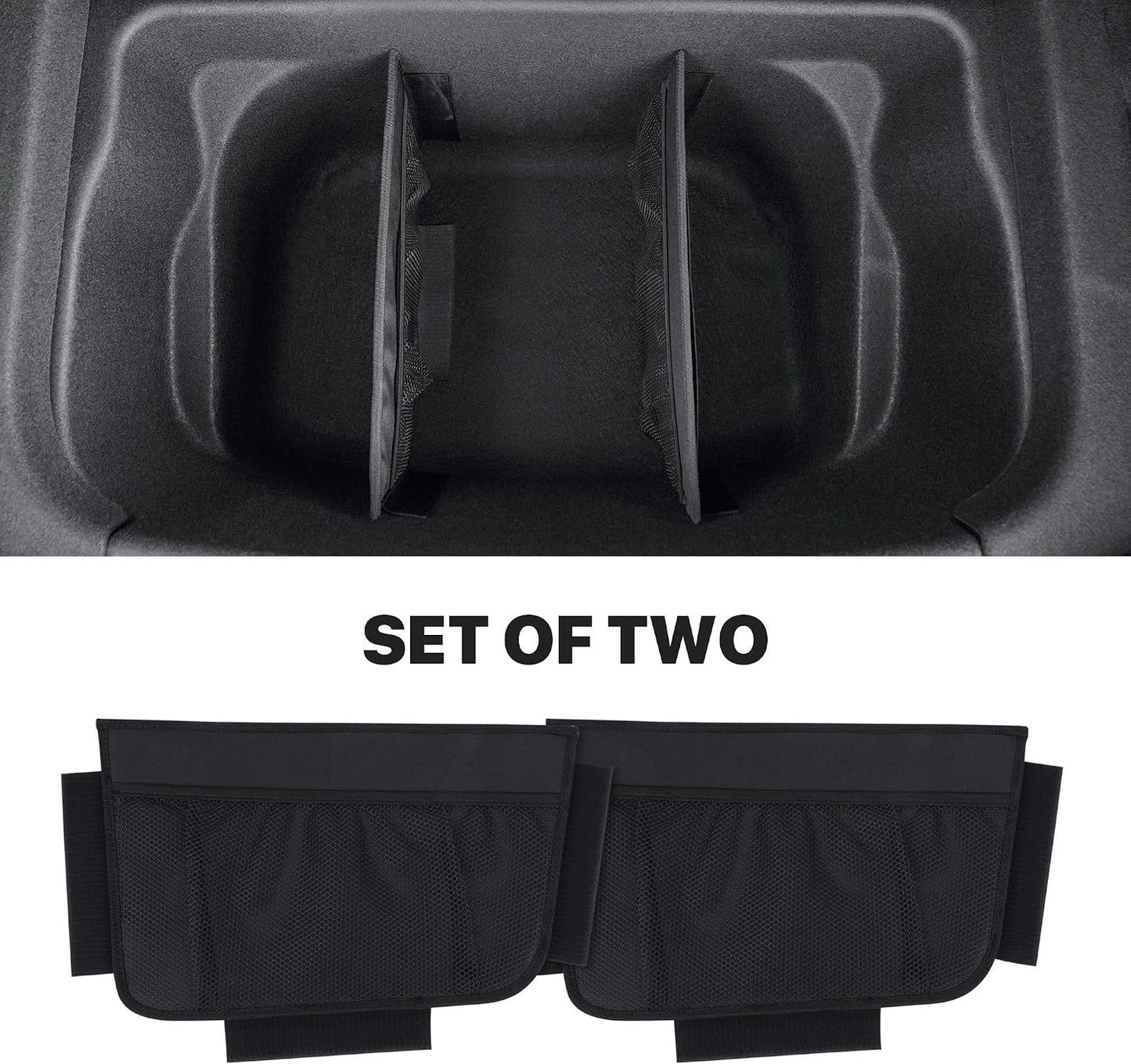 KMMOTORS Sub Trunk Divider of under-floor Compatible for Model Y, Model 3 (2017-2023) – Hidden Trunk Organizer – Dividers with Mesh Pockets for Storage Separation (Set of 2)