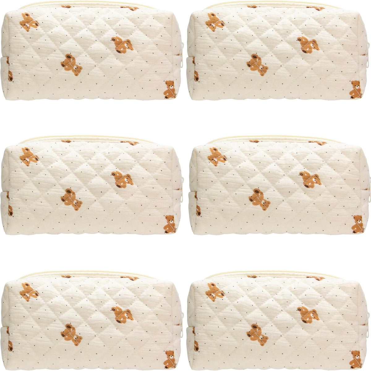 PAZIMIIK Small Quilted Makeup Bag,Zipper Cosmetic Pouch,Gauze Bear,6 Pack