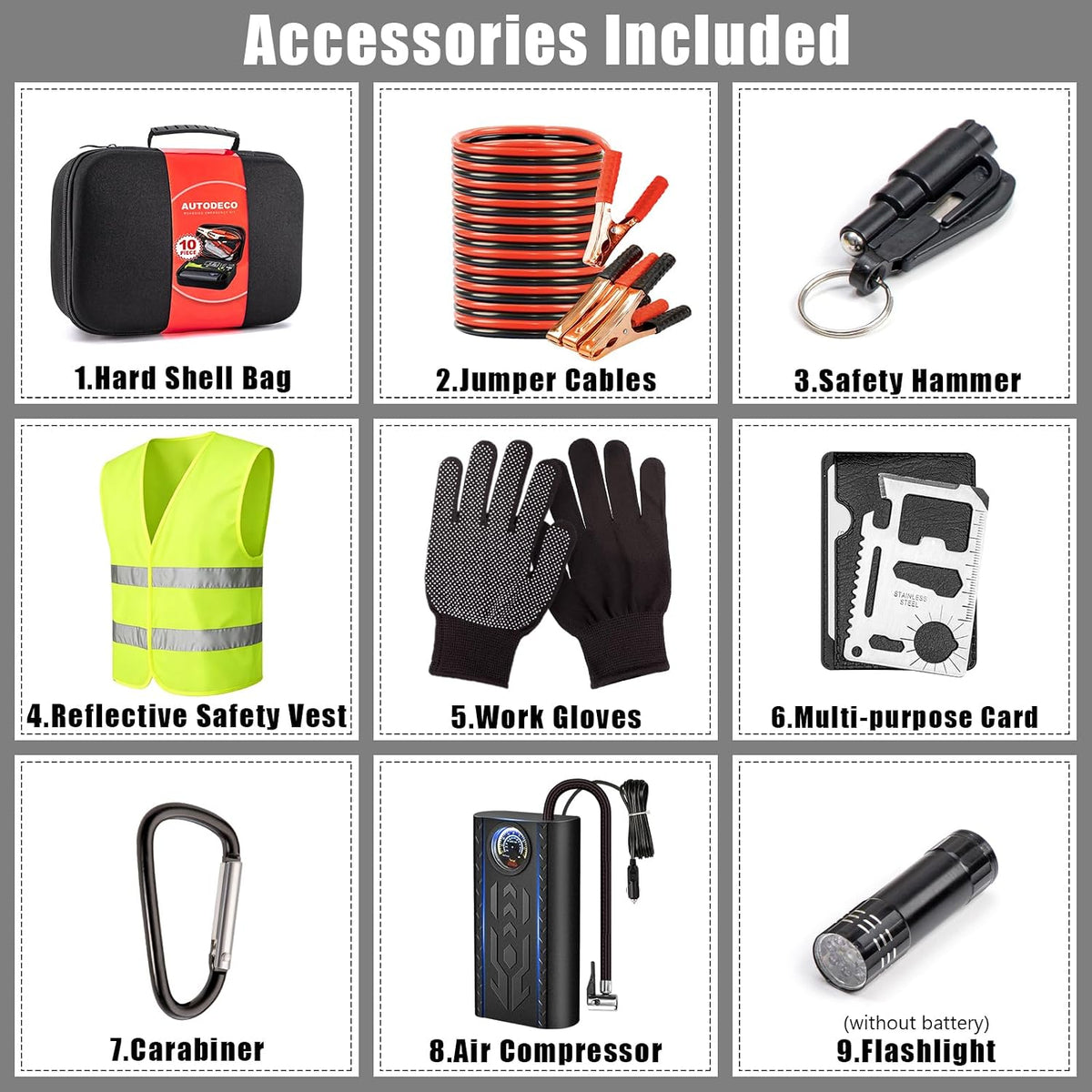 Car Roadside Emergency Kit, Portable Auto Air Compressor Tire Inflator, Jumper Cable, Car Emergency Kits for Teenagers, Black