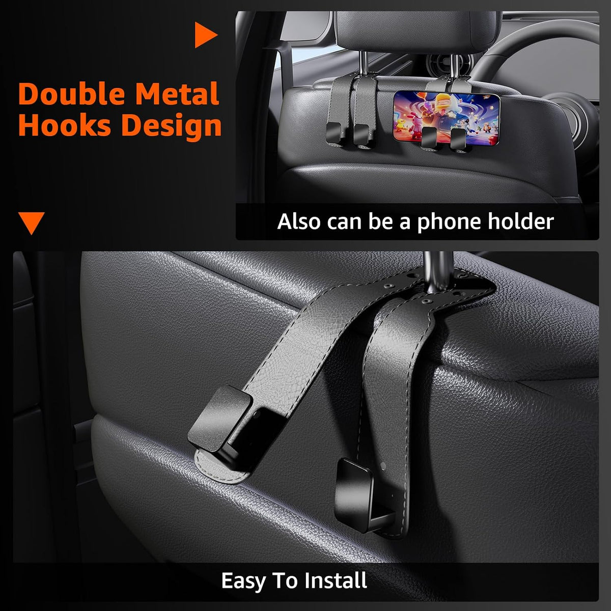 Headrest Hooks For Car, Multifunctional Purse Hook Leather Seat Back Storage Hook Double Metal Hooks Car-Hangers for Seat, 2 Pack (Gray)