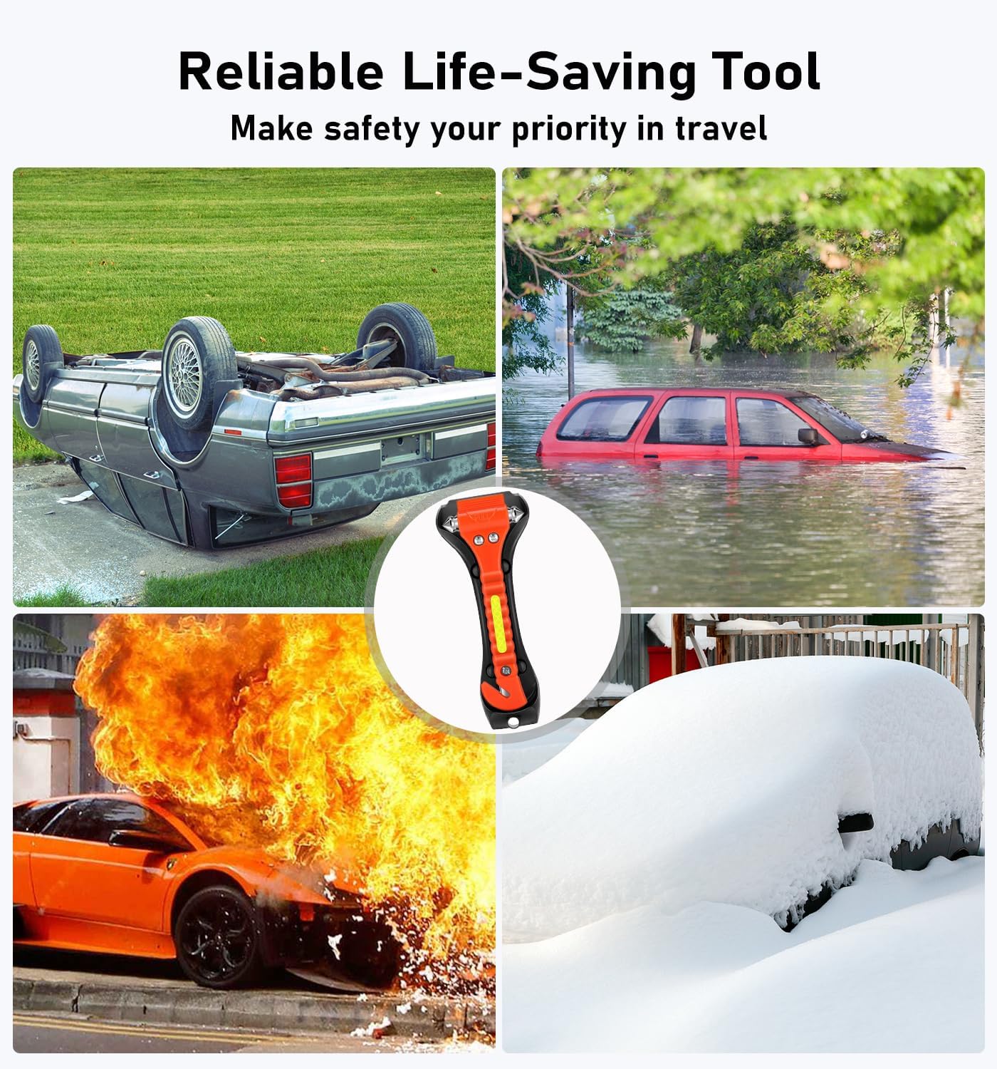 Car Safety Hammer 4 Pack, Car Window Glass Breaker and Seat Belt Cutter Car Emergency Escape Tool with Light Reflective Tape for Family Rescue, Life Saving Survival Kit