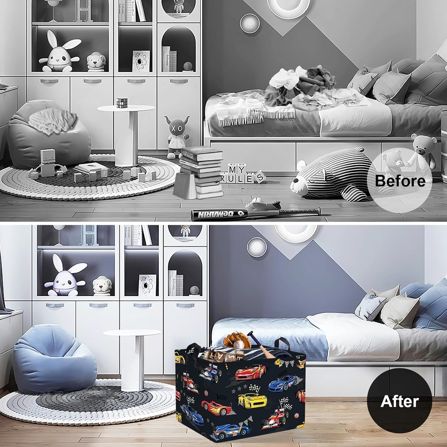 Clastyle Competitive Race Car Kids Book Storage Basket Checkered Flag Clothes Laundry Basket Parents Gift Toy Box for Bedroom Shower, Grey, 40x30x30 cm