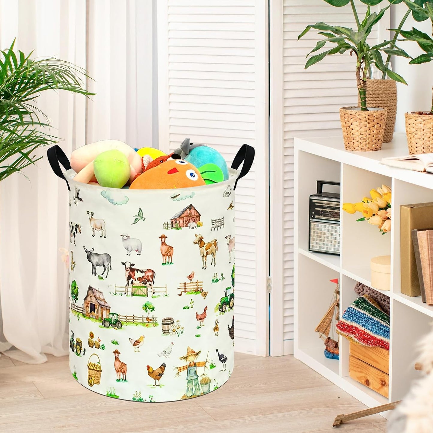 Collapsible Kids Laundry Basket Clothes Hamper, Foldable Storage Organizer Bin, Toy Clothes Storage with Handles for Boys Girls Bedroom, Room Decor Farm